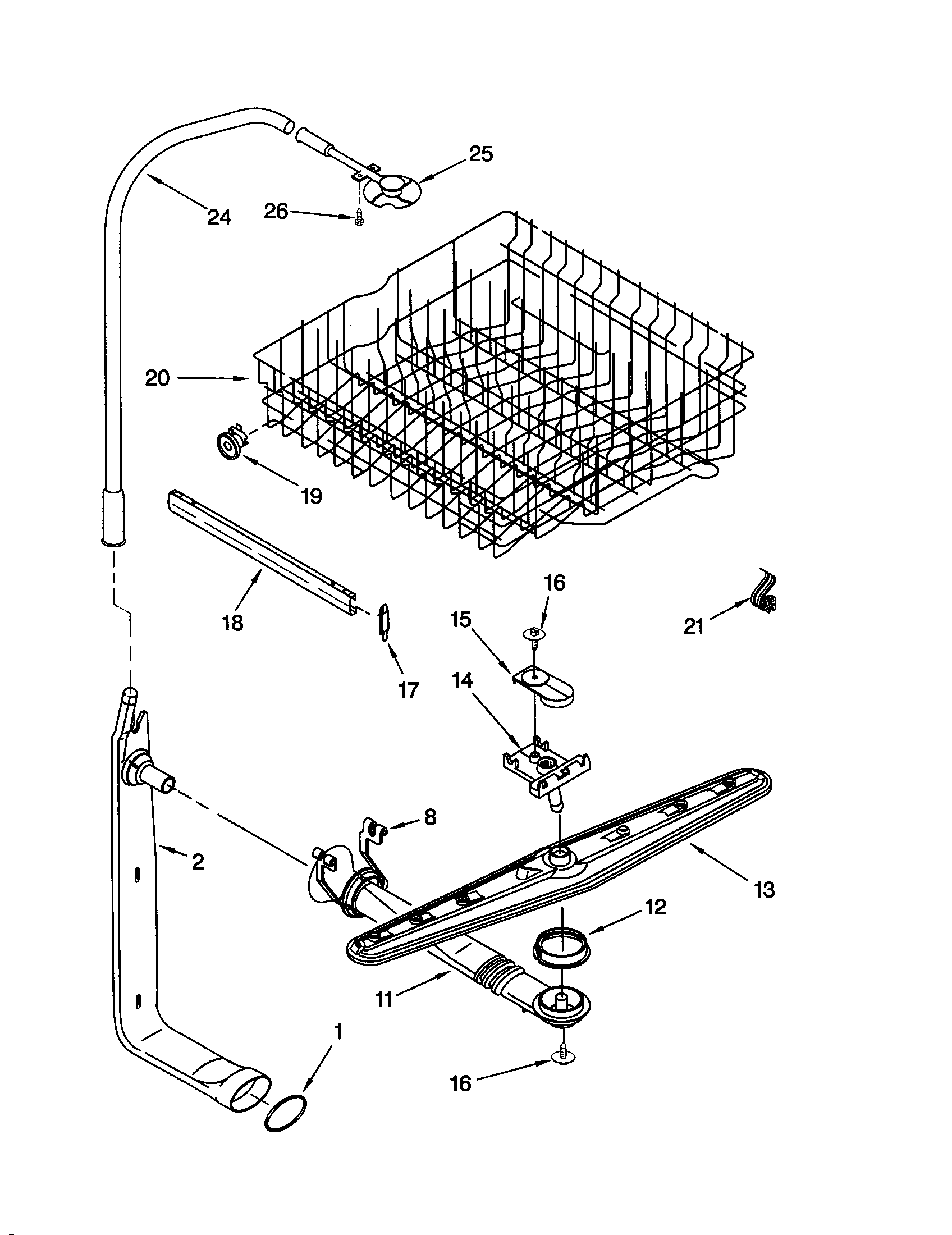 Upper dishrack and water feed