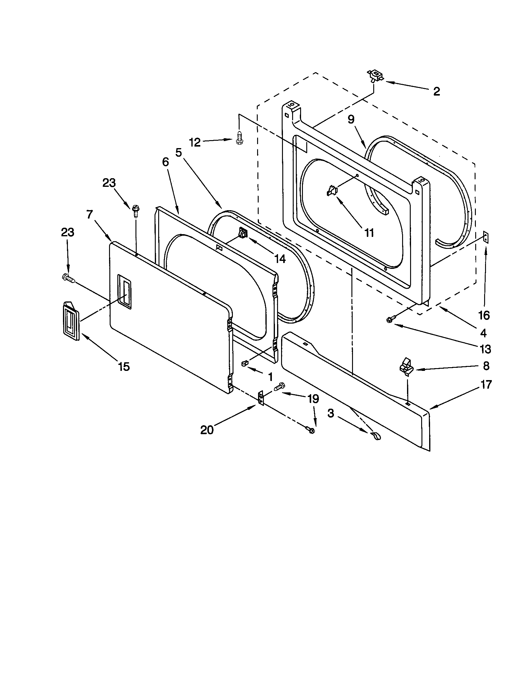 Dryer front panel and door