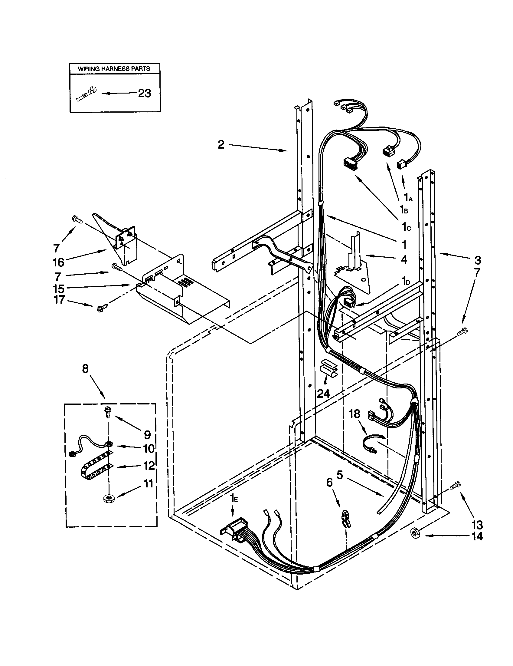 Dryer support and washer harness