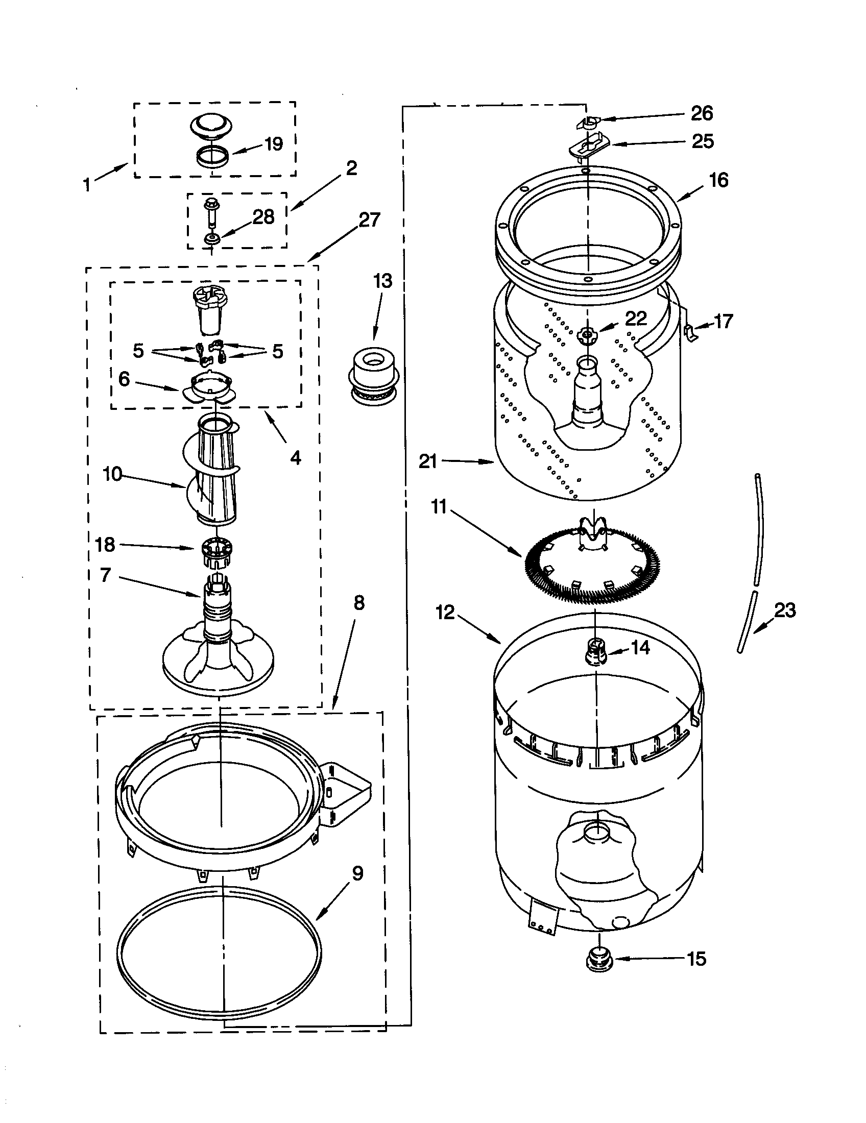 Agitator, basket and tub