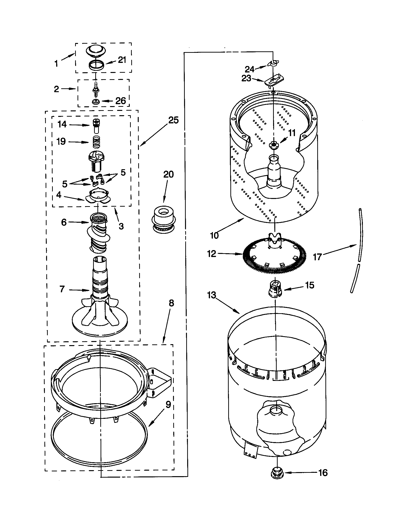 AGITATOR, BASKET AND TUB