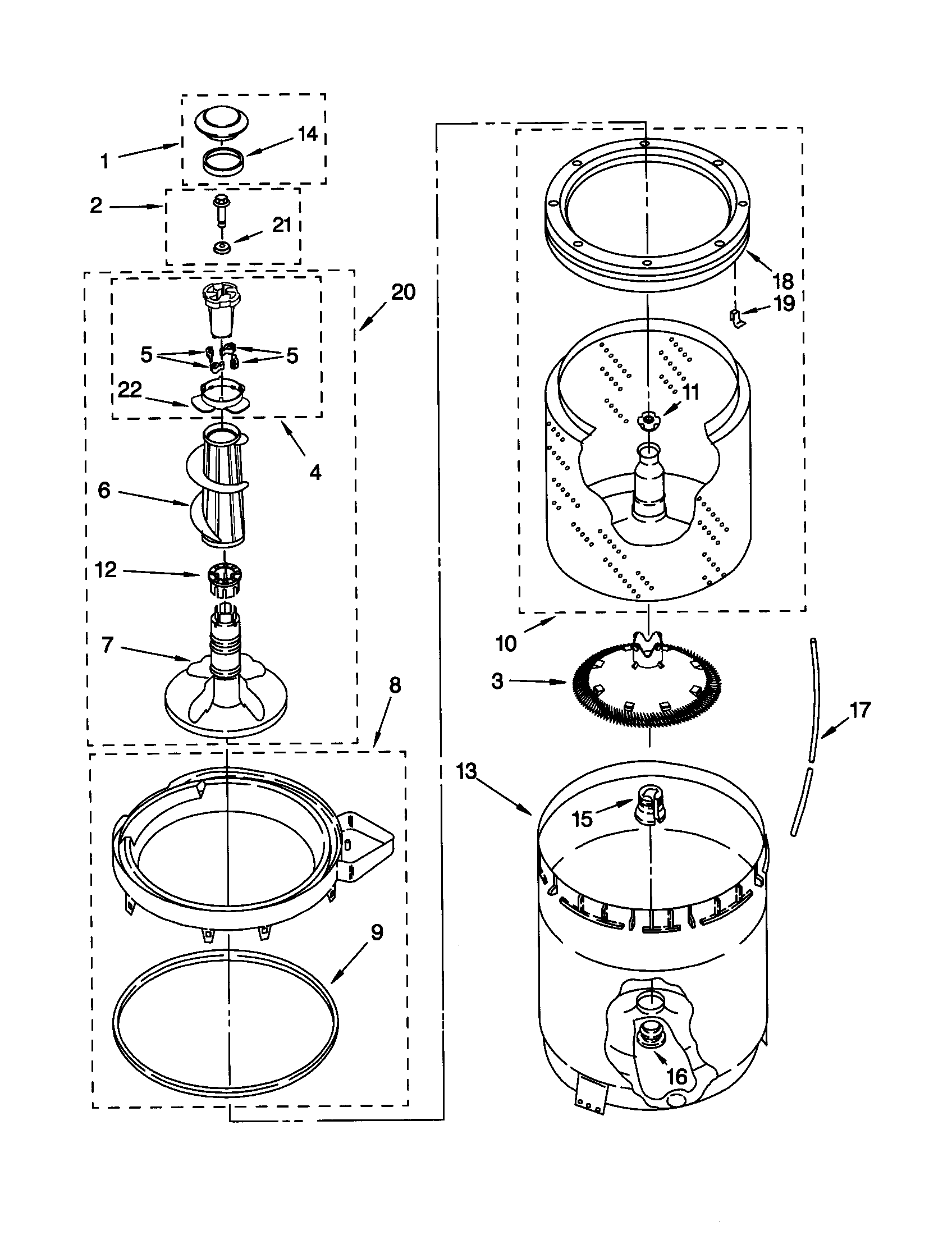 AGITATOR, BASKET AND TUB