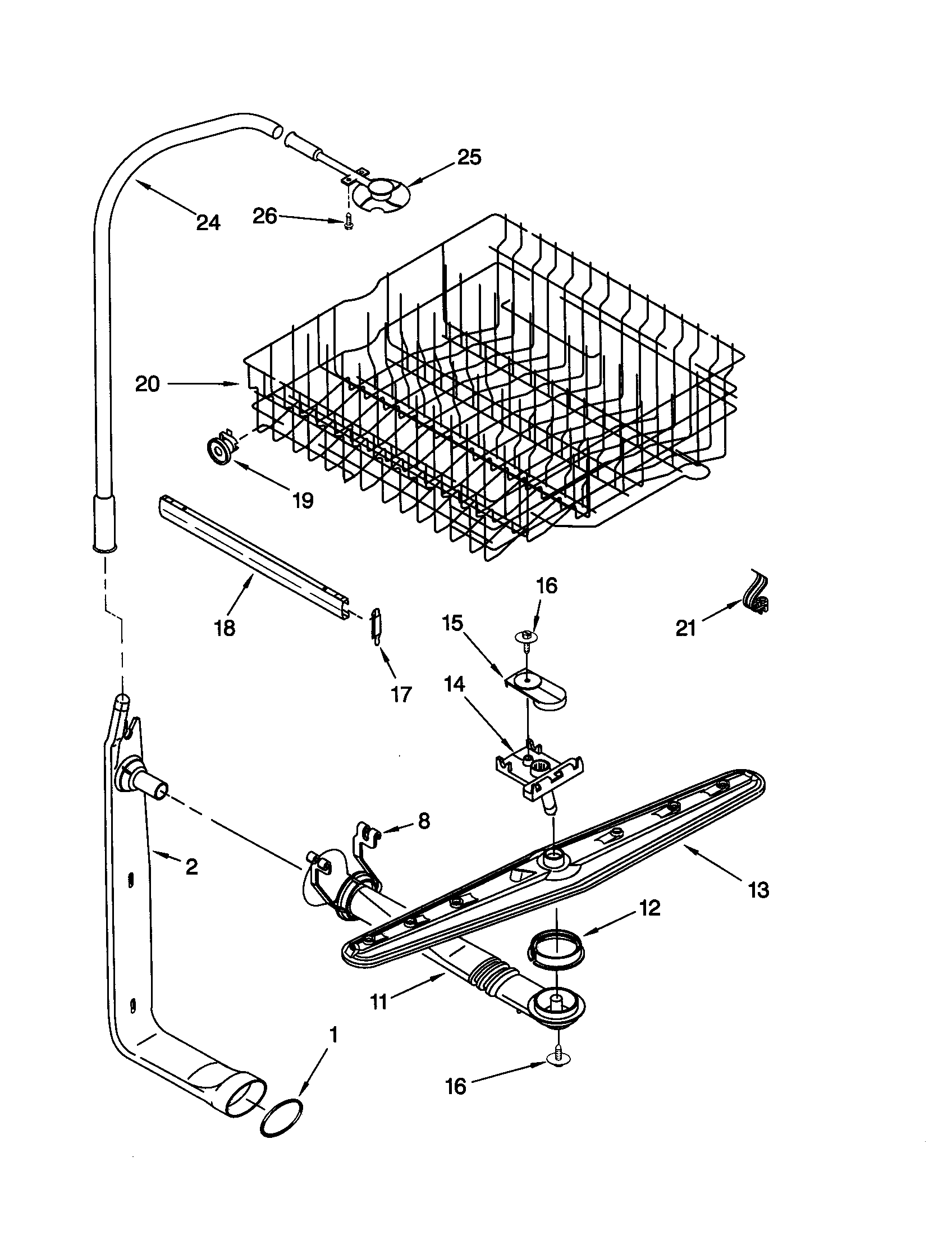 Upper dishrack and water feed