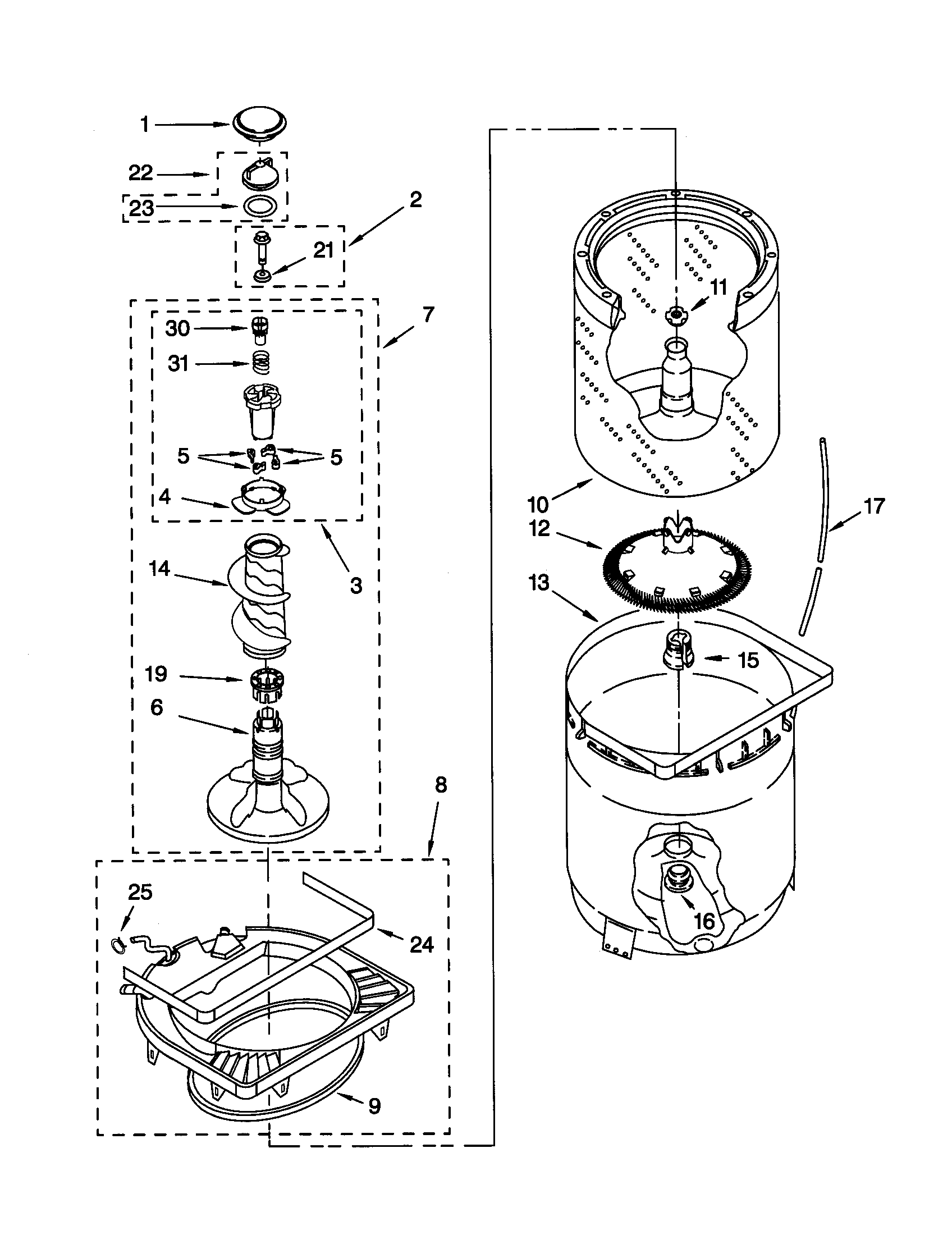 Agitator, basket, and tub