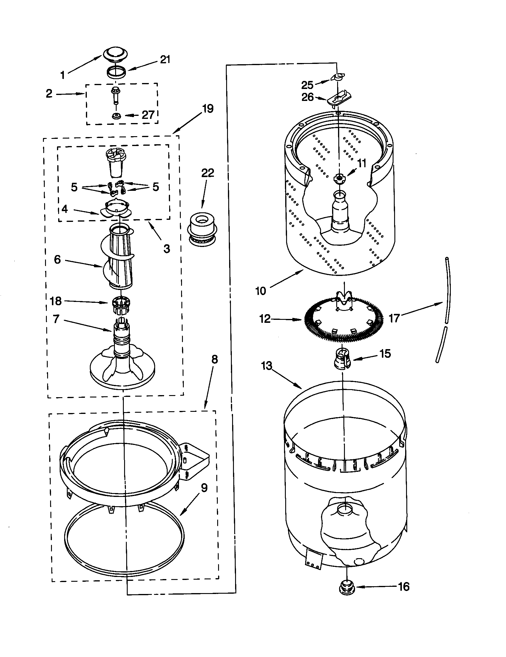 AGITATOR, BASKET AND TUB