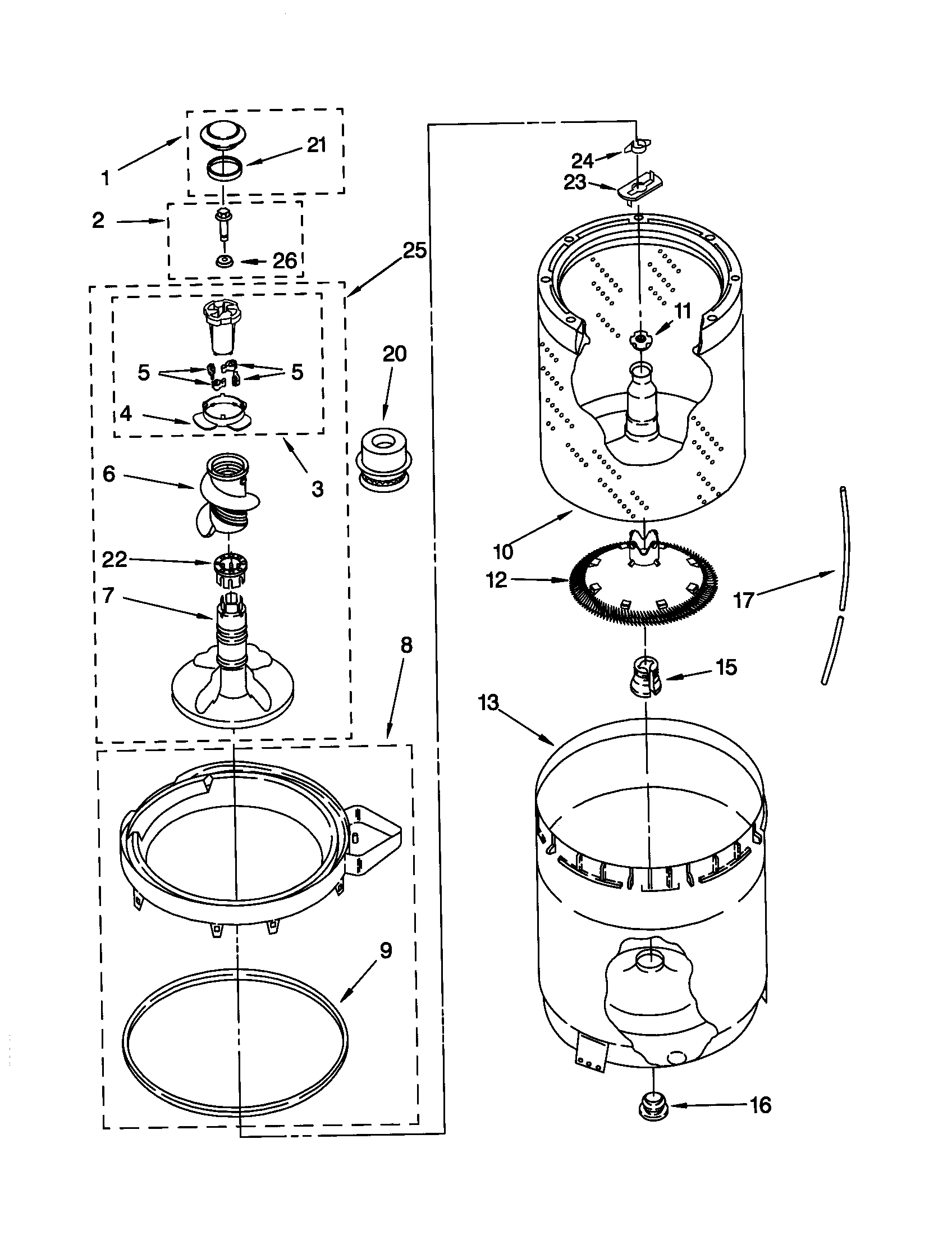 Agitator, basket and tub