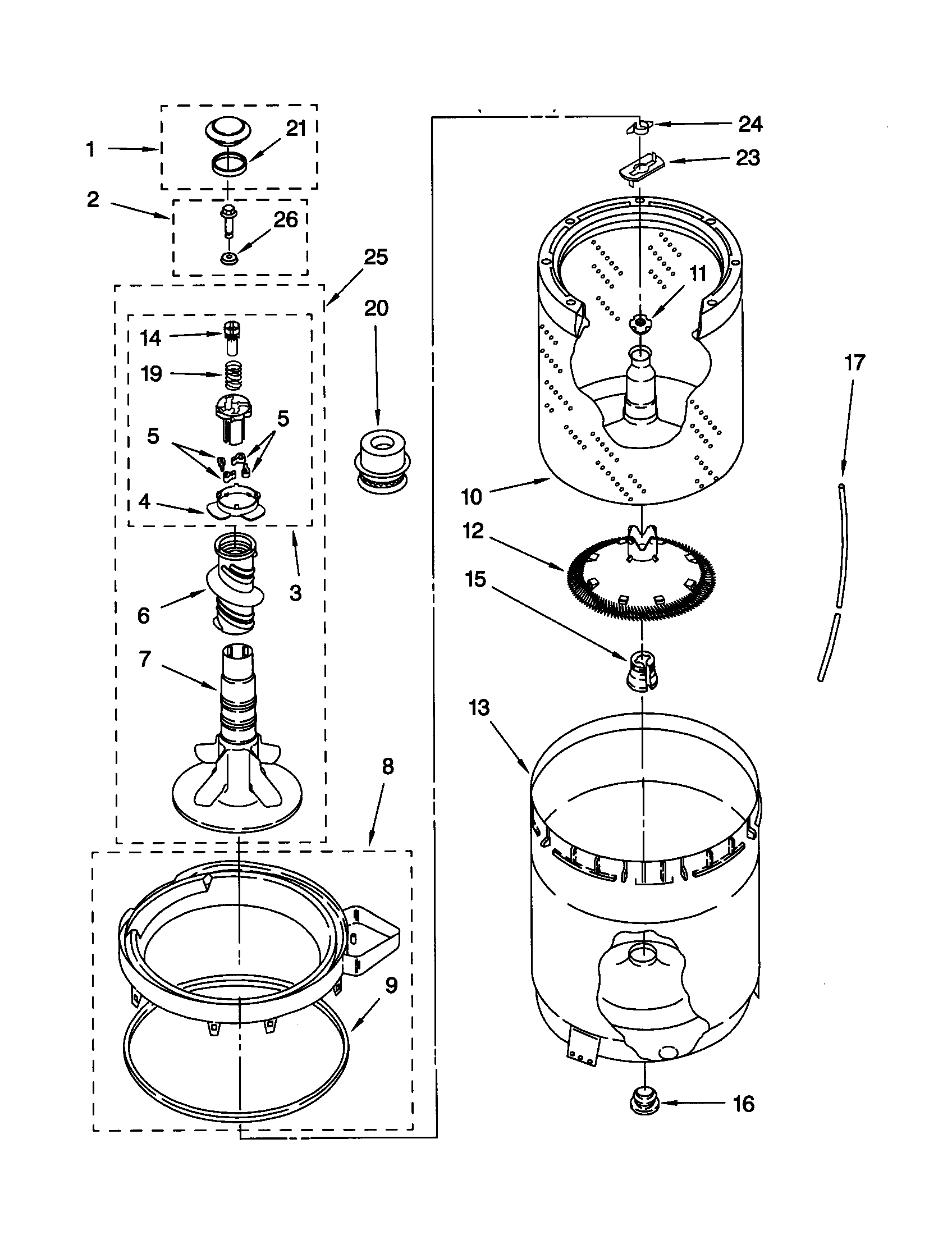 AGITATOR, BASKET AND TUB