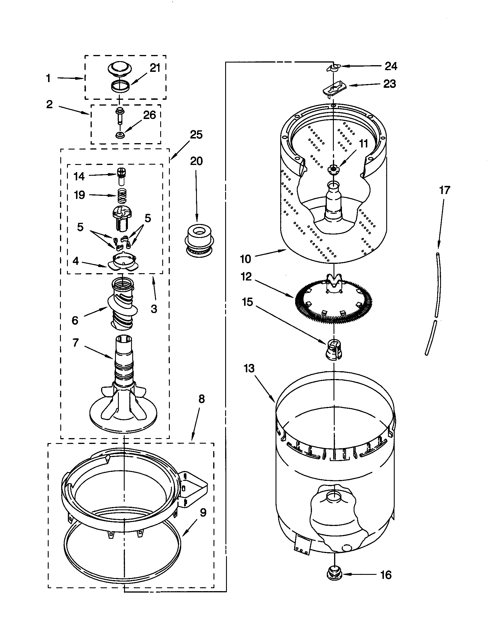 AGITATOR, BASKET AND TUB