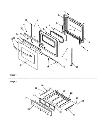 Oven door and storage drawer