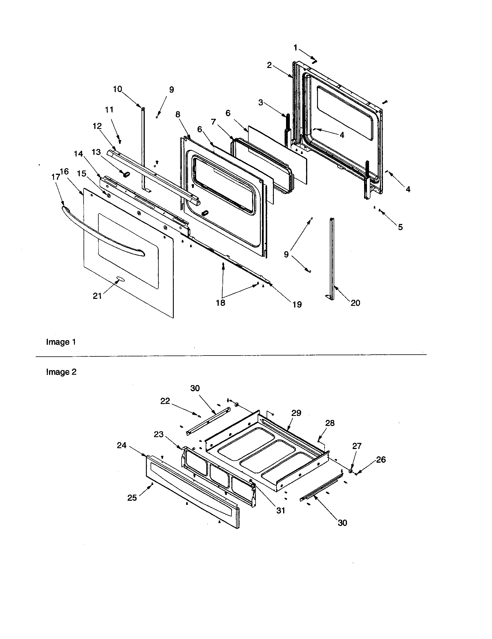Oven door and storage drawer