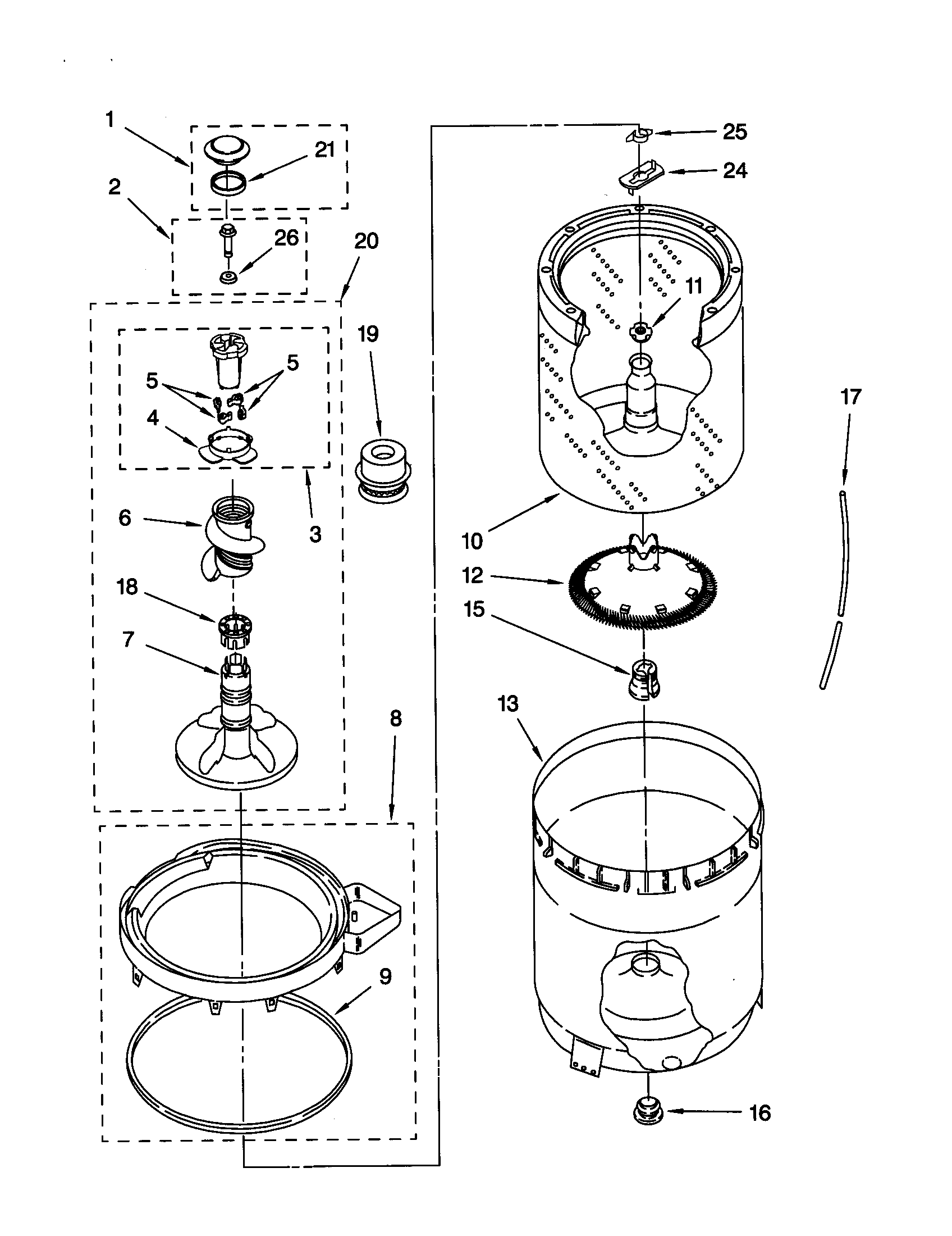 AGITATOR, BASKET AND TUB