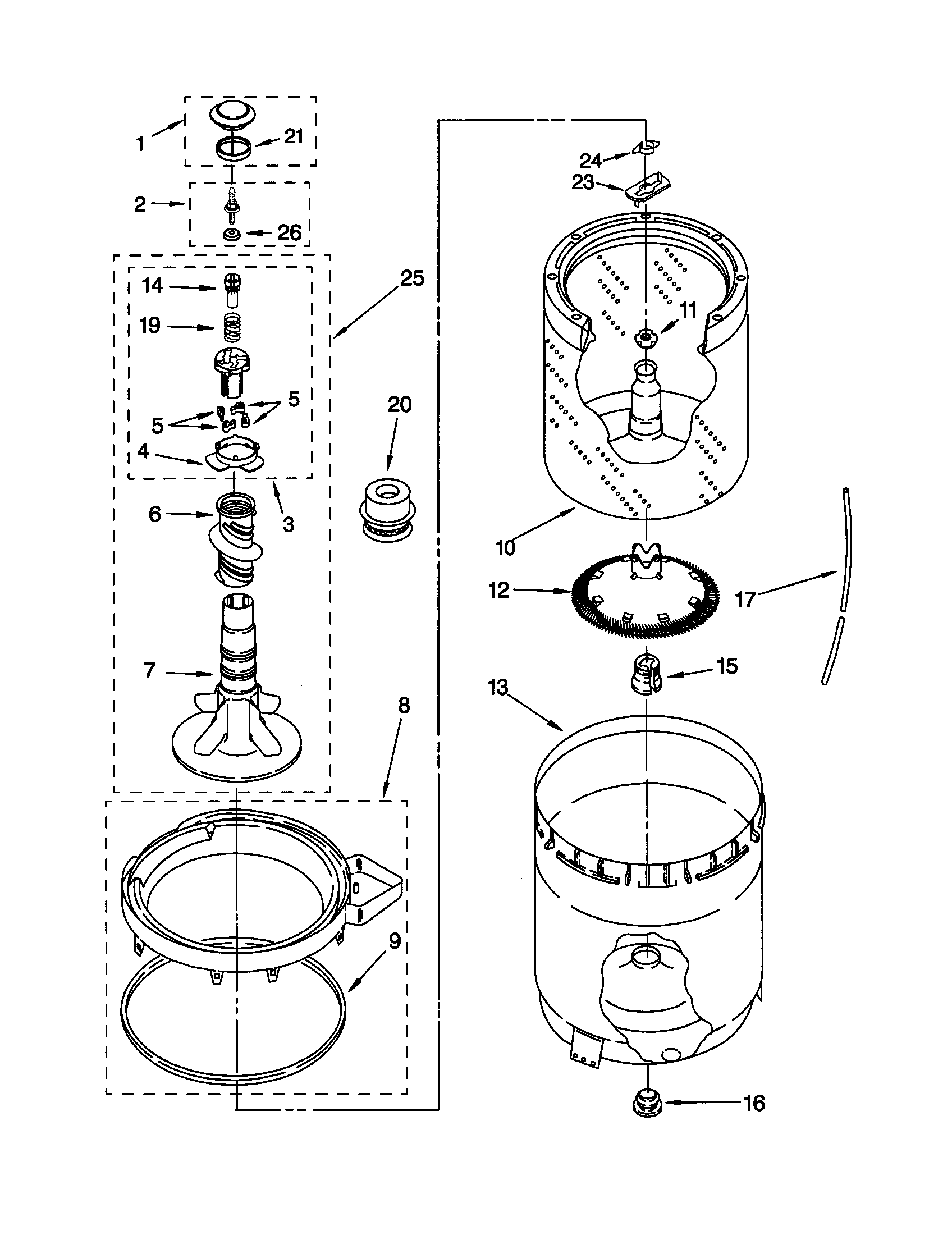 AGITATOR, BASKET AND TUB