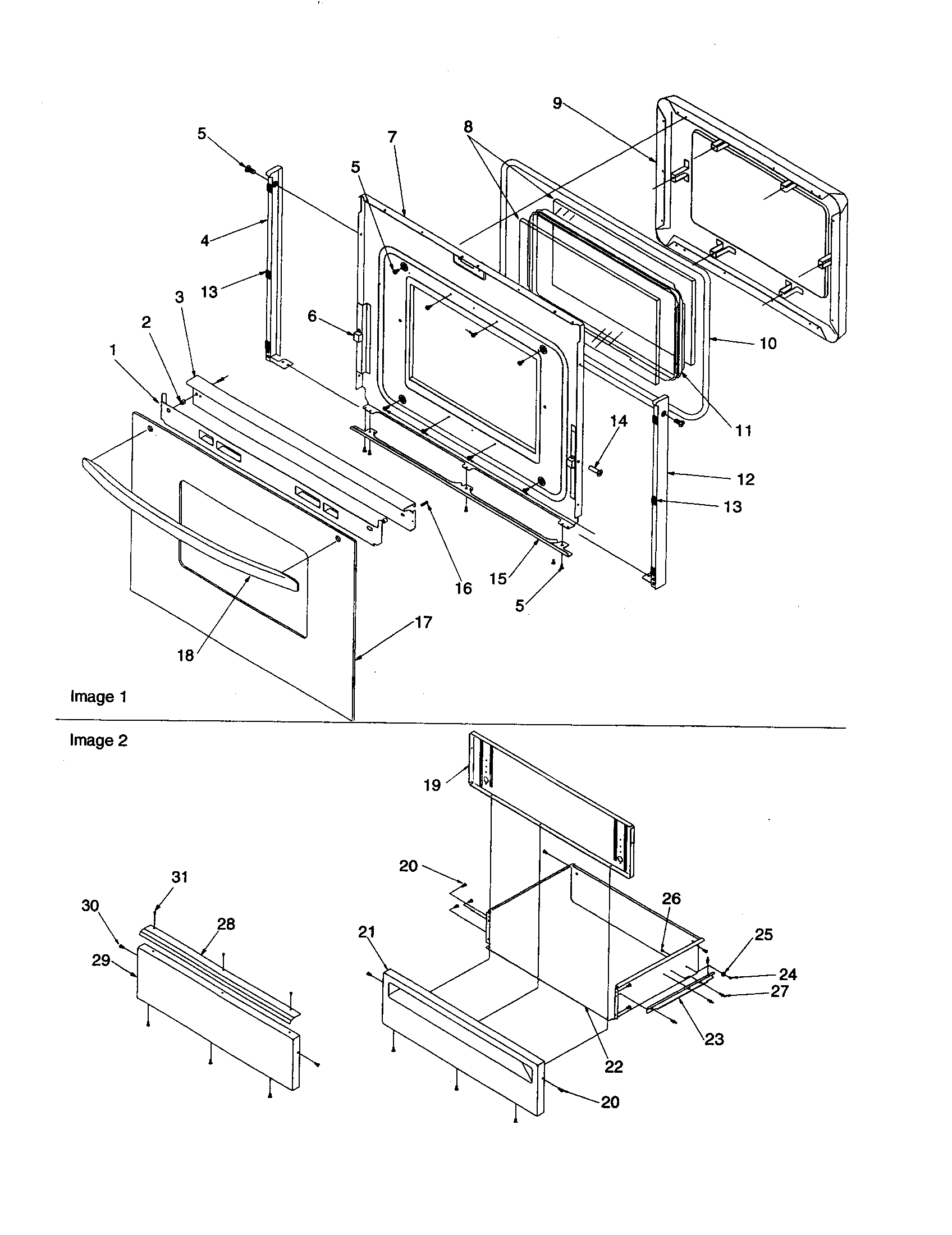 Oven door and storage drawer