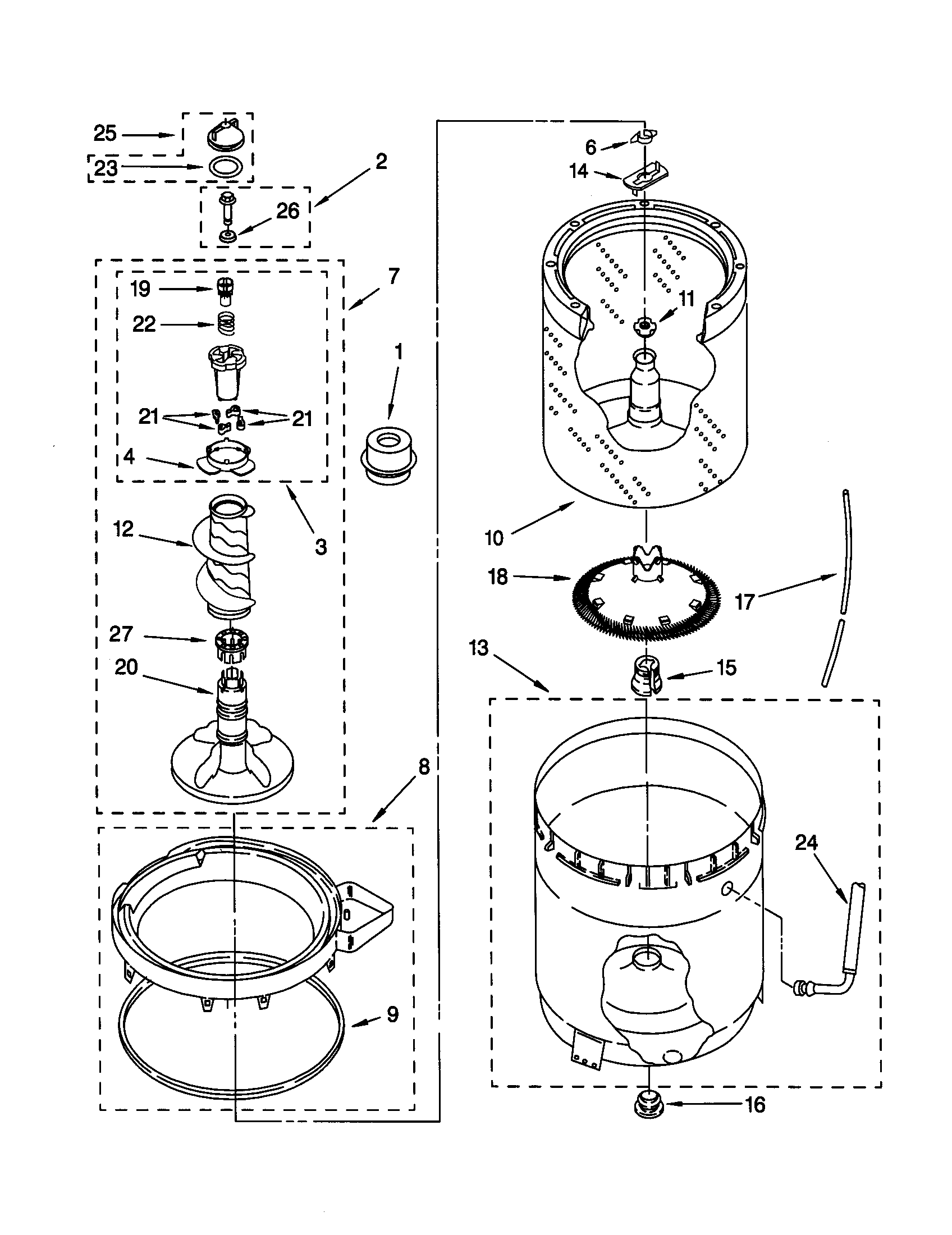 AGITATOR, BASKET AND TUB