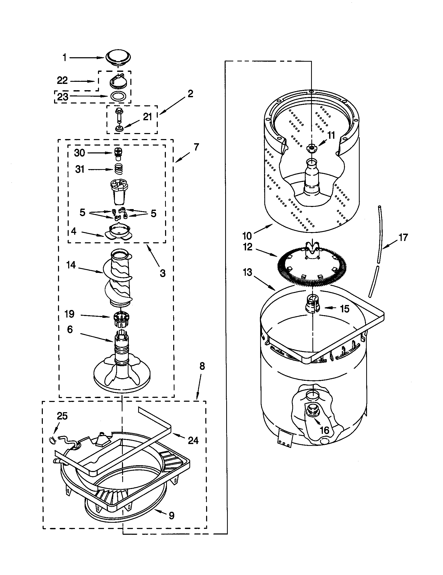 AGITATOR, BASKET AND TUB