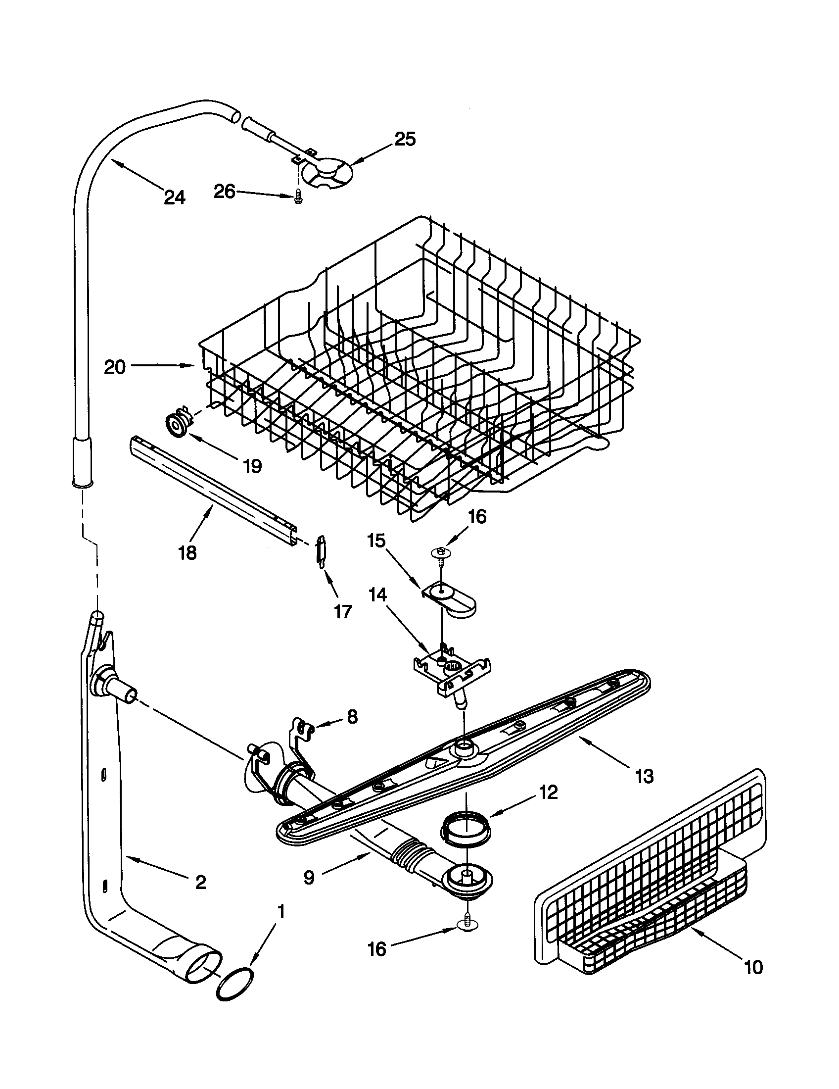 Upper dishrack and water feed