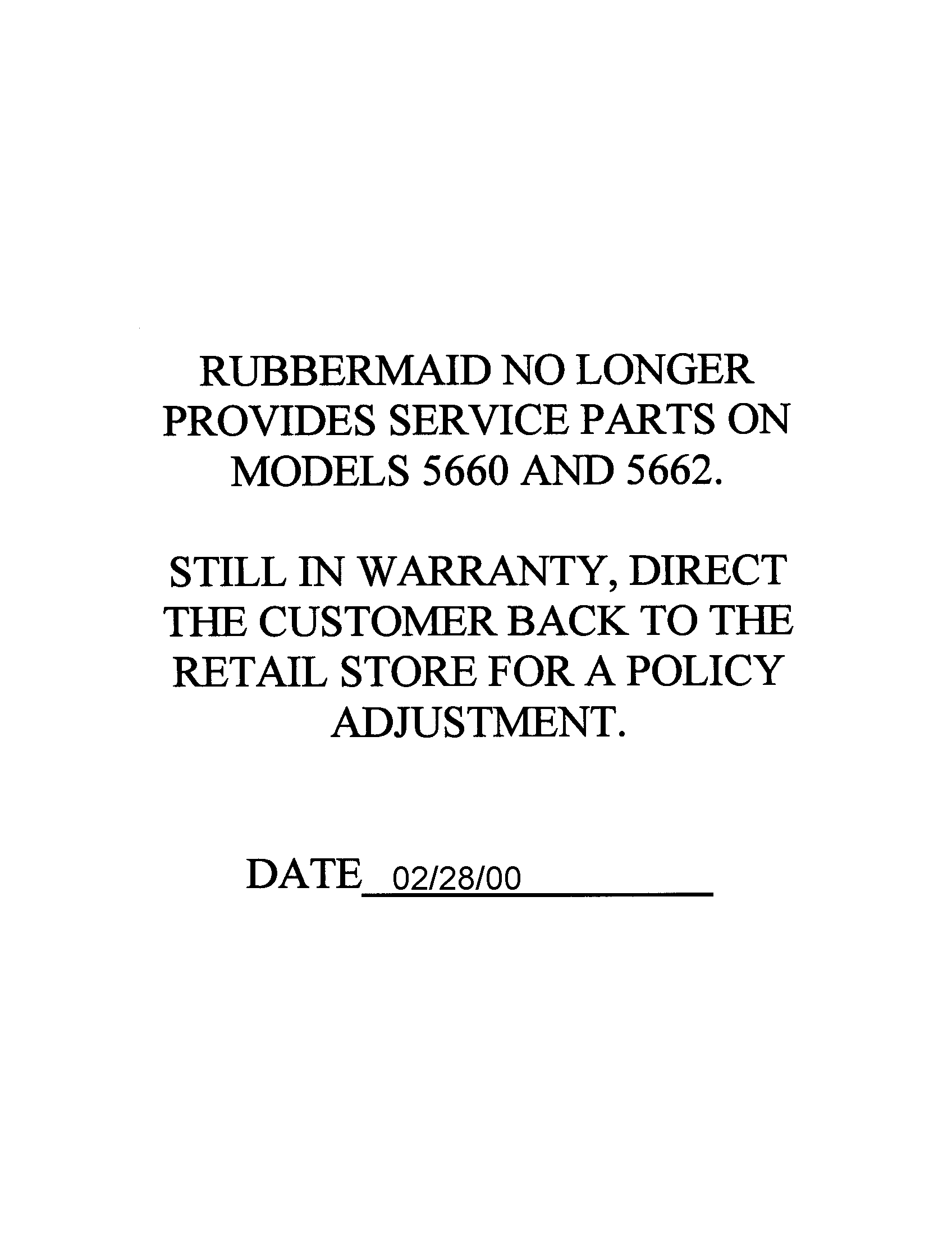 No parts available 02/28/00