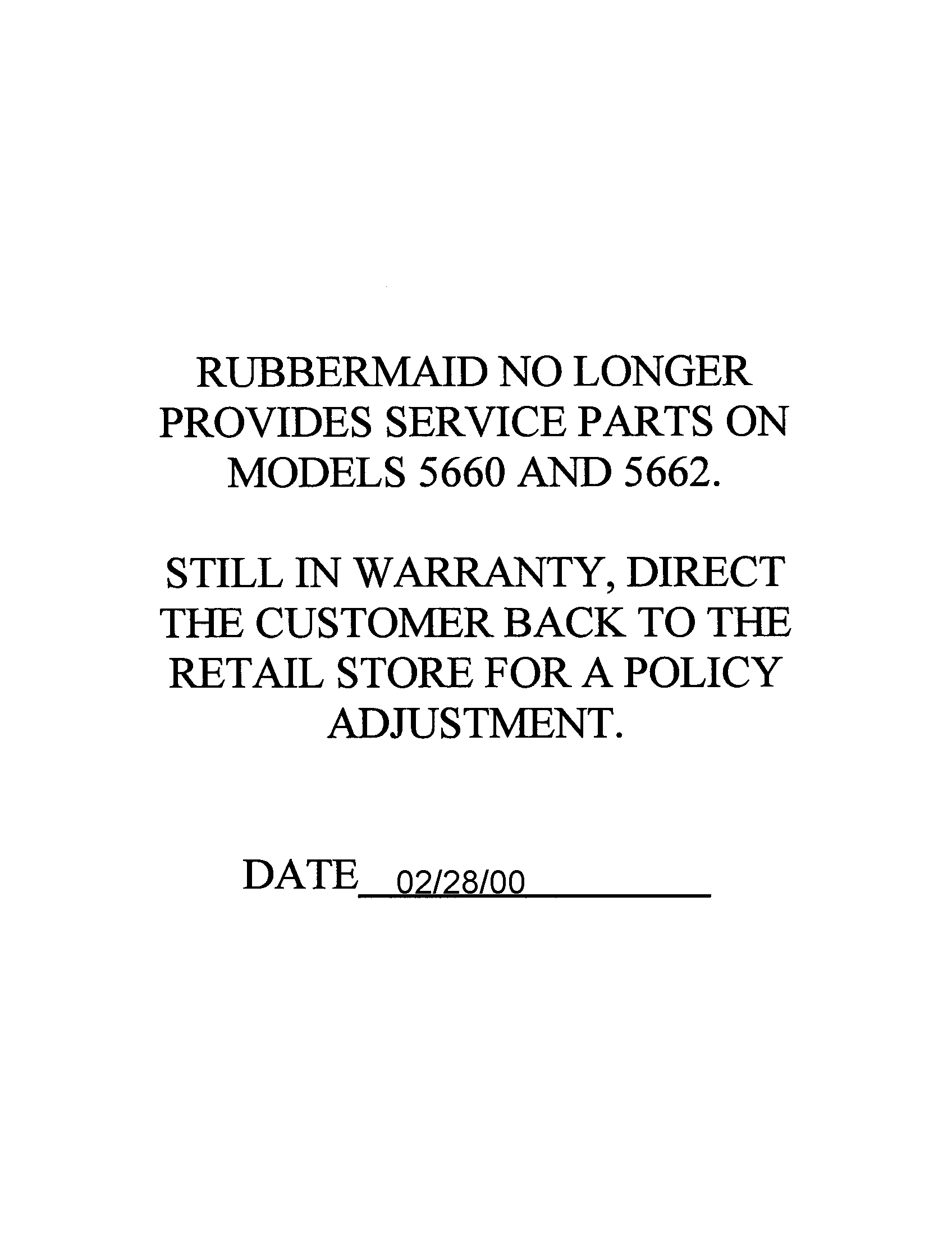 No parts available 02/28/00
