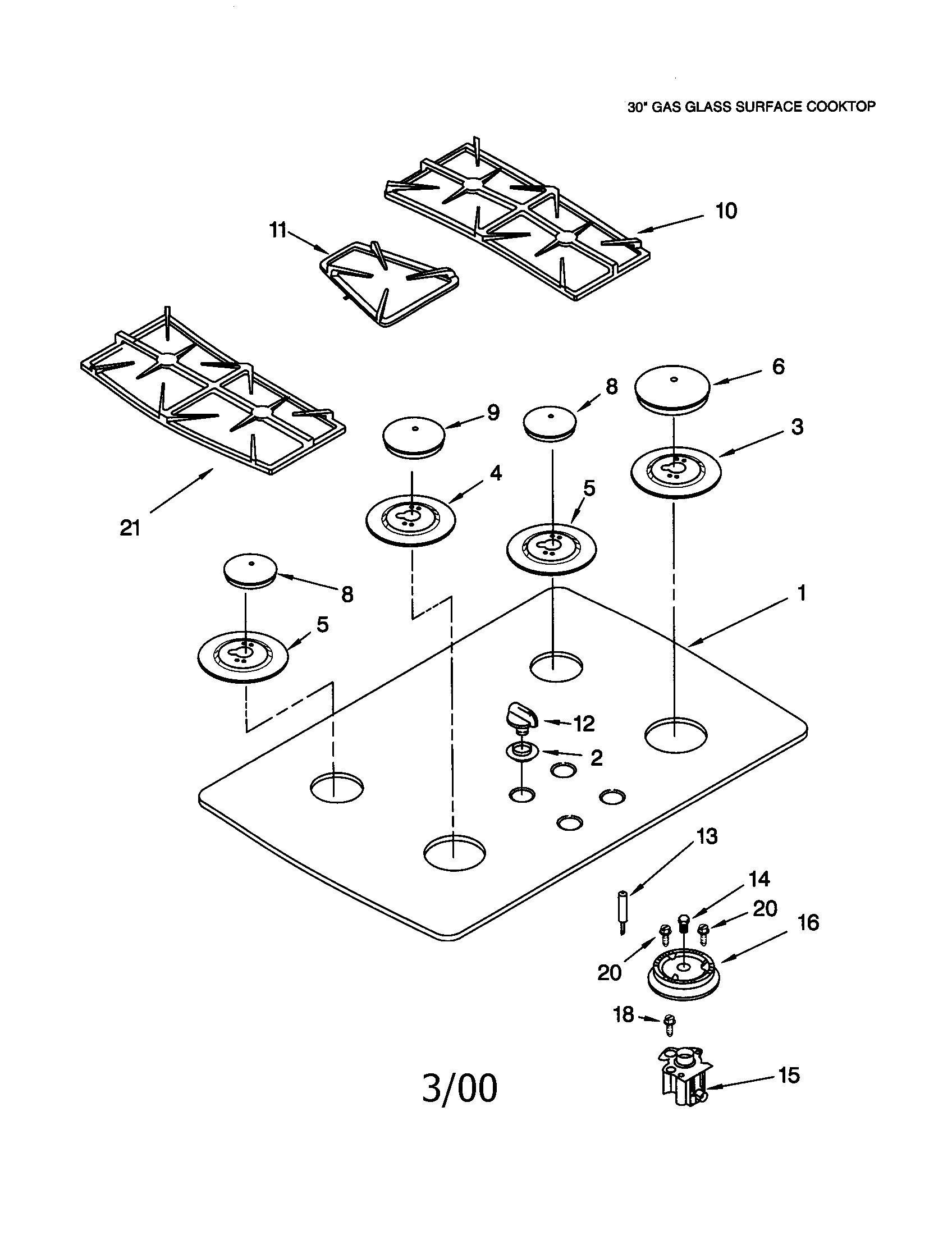 Cooktop, burner and grate
