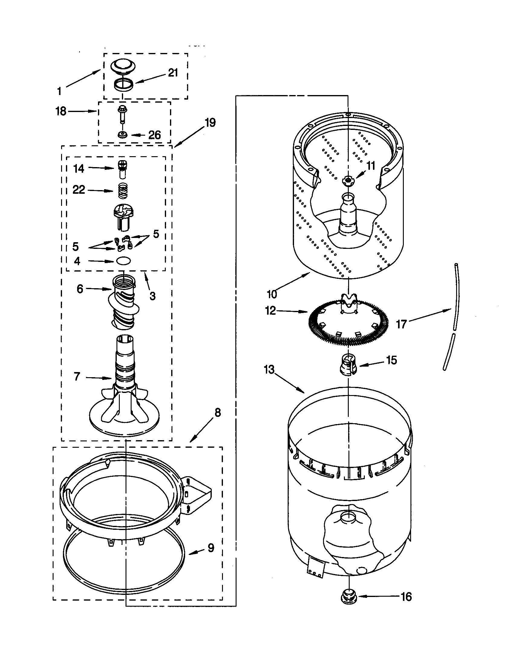 AGITATOR, BASKET AND TUB