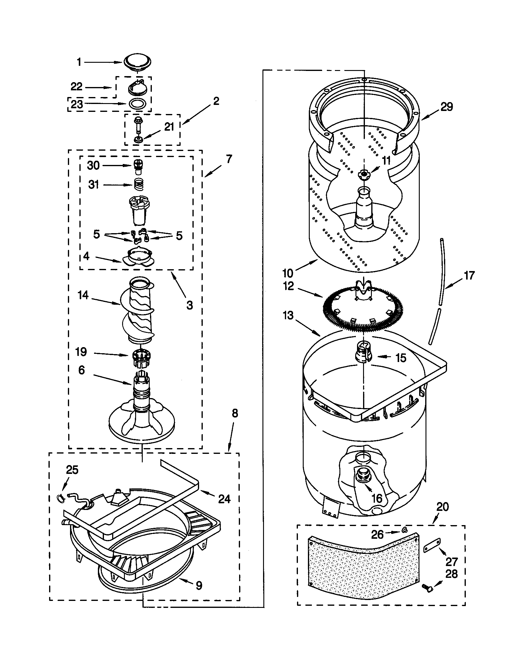 Agitator, basket and tub