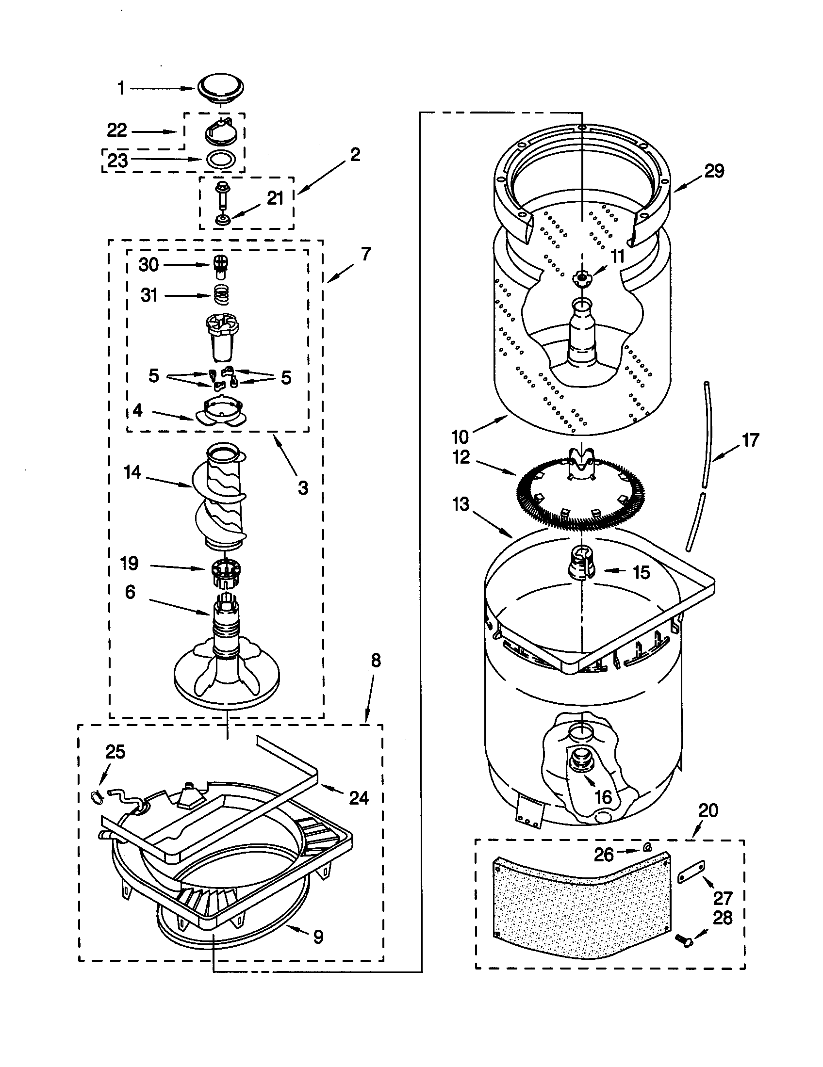 Agitator, basket and tub