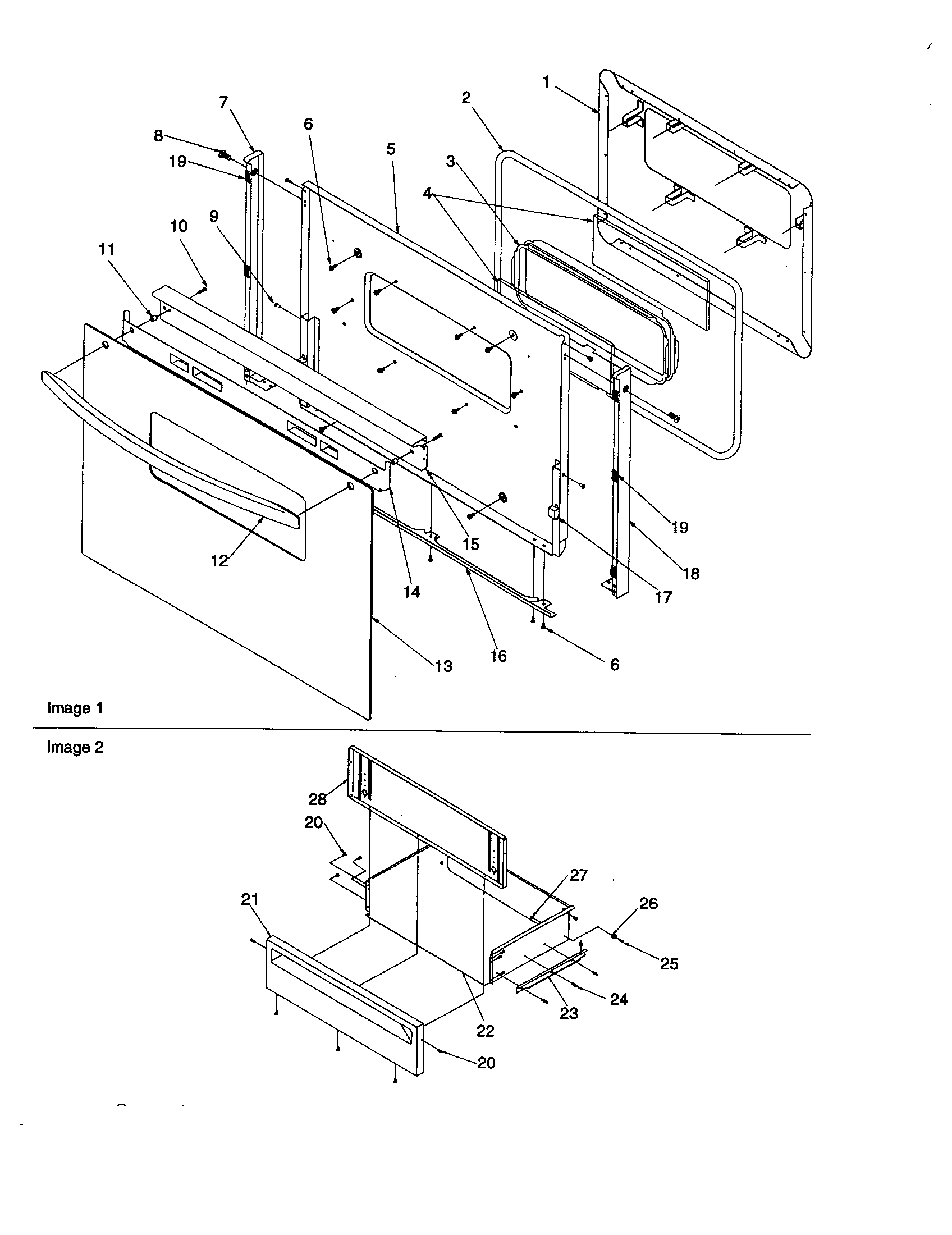 Oven door and storage drawer