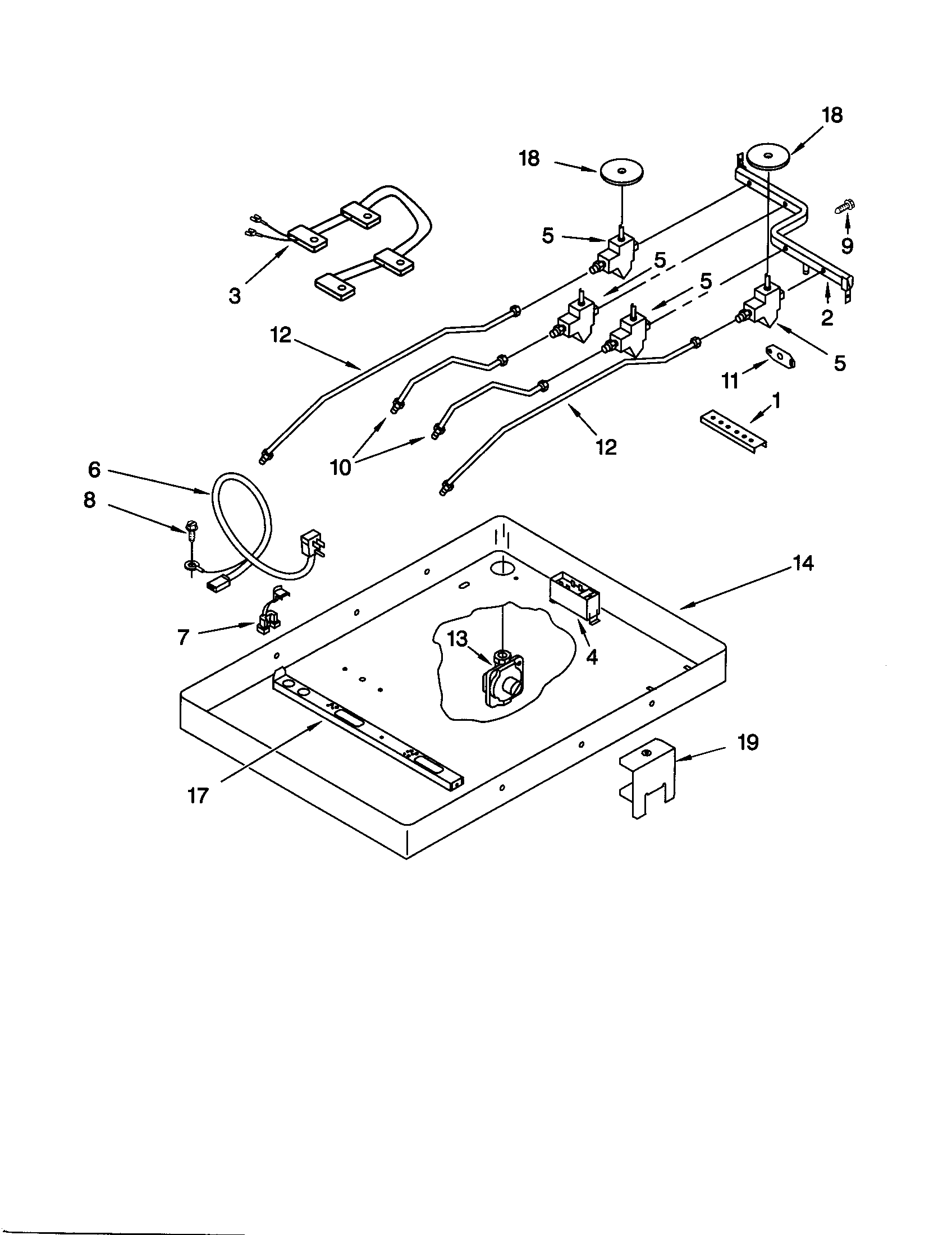 Burner box, gas valves and switches