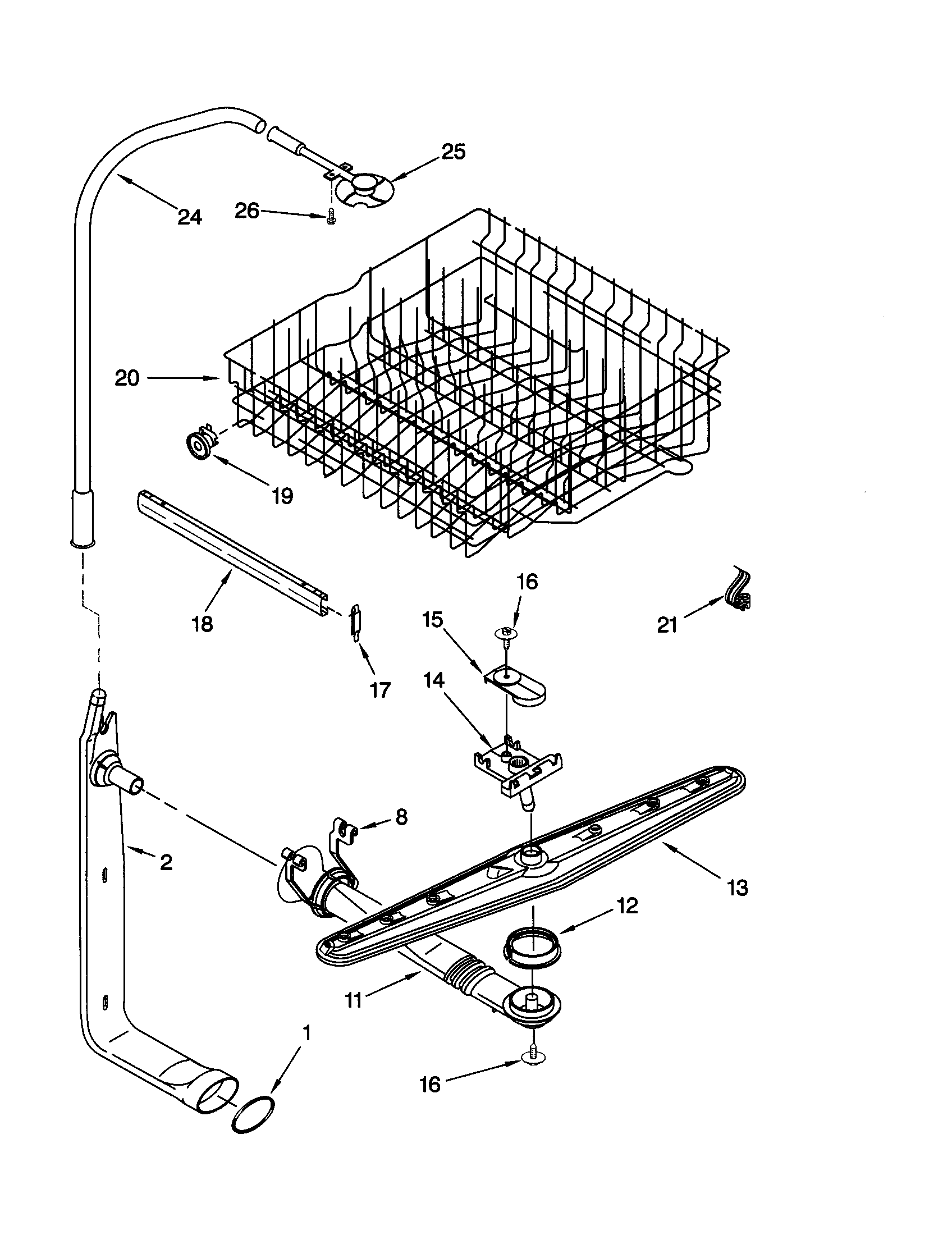 Upper dishrack and water feed
