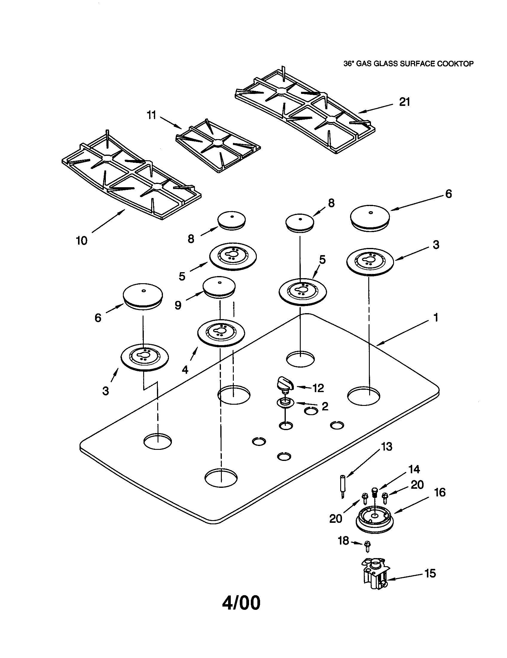 Cooktop, burner and grate