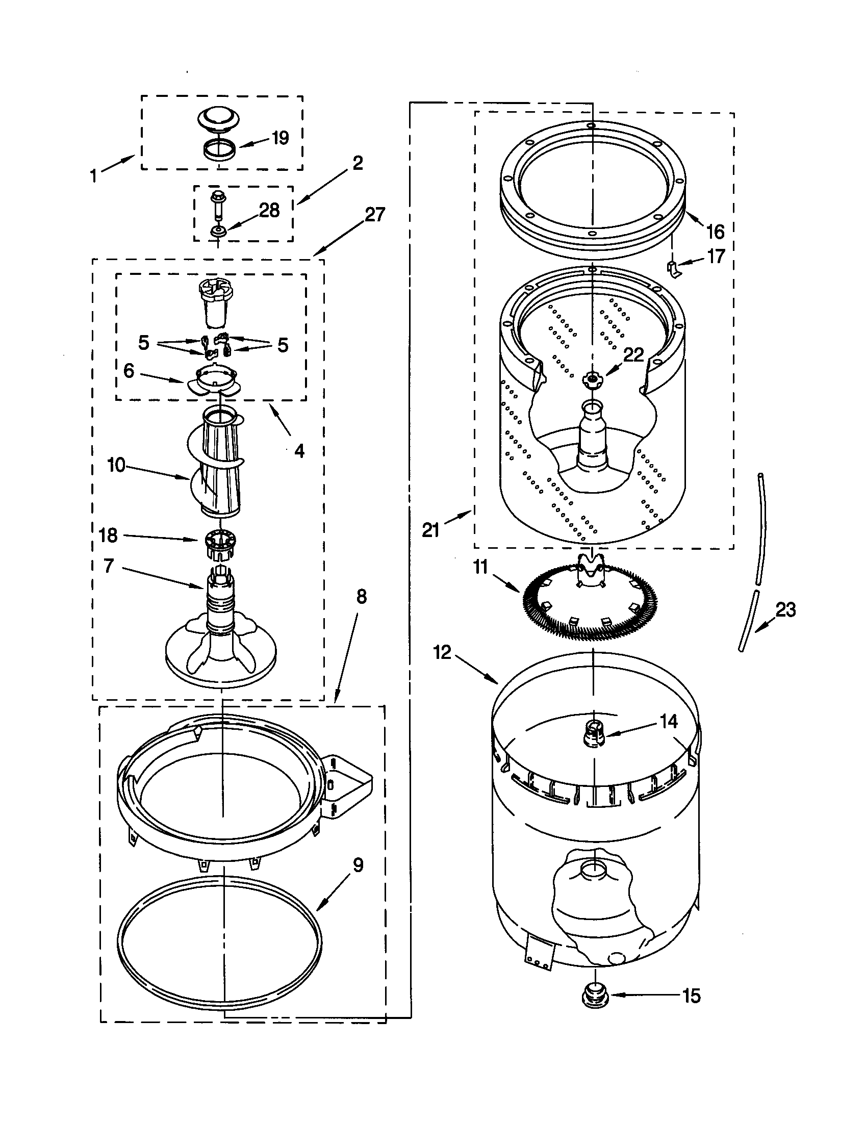 Agitator, basket and tub