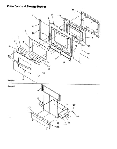 Oven door and storage drawer