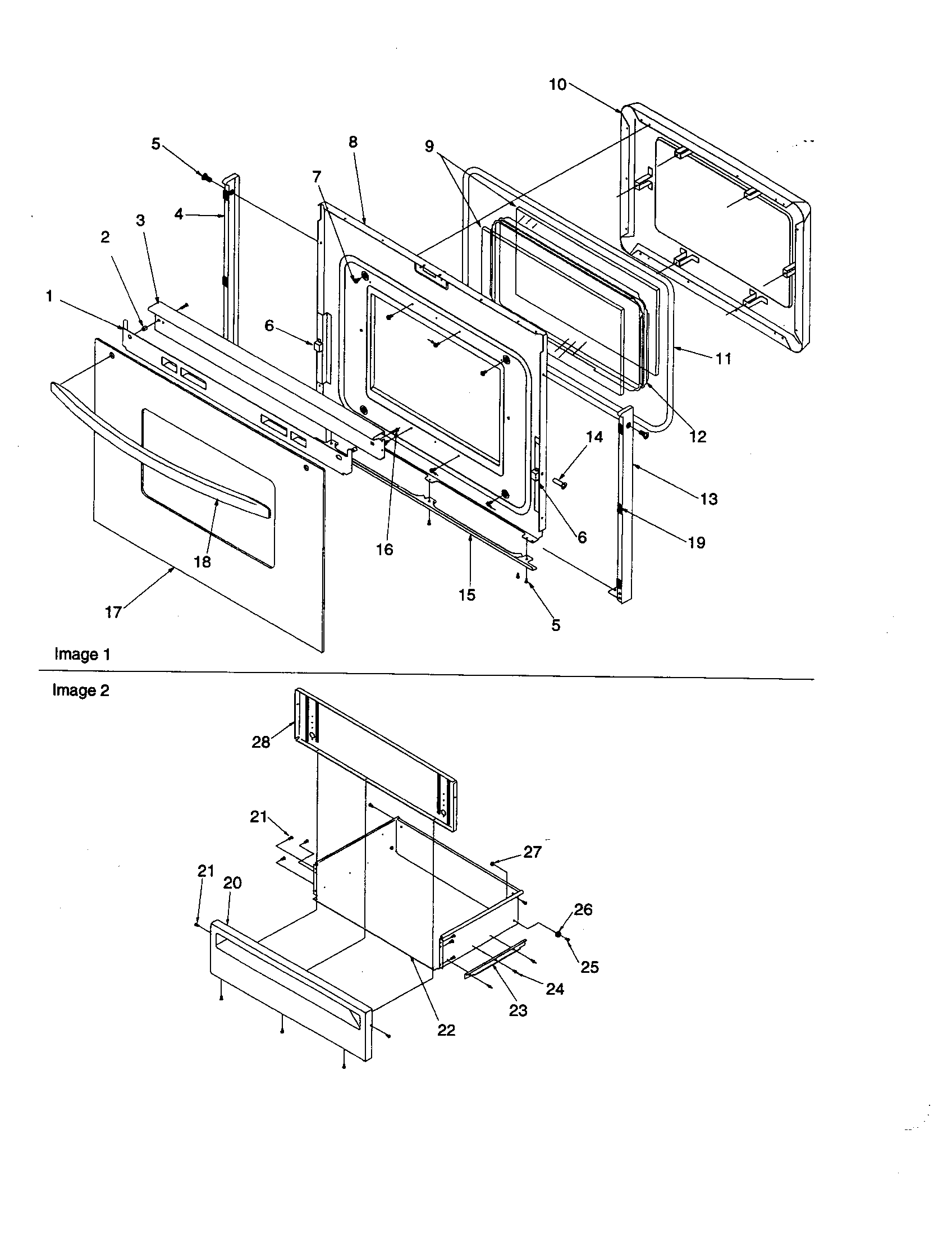 Oven door and storage drawer