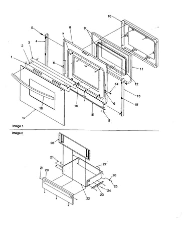 Oven door and storage drawer