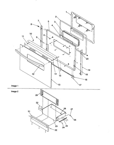 Oven door and storage drawer