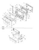 Oven door and storage drawer