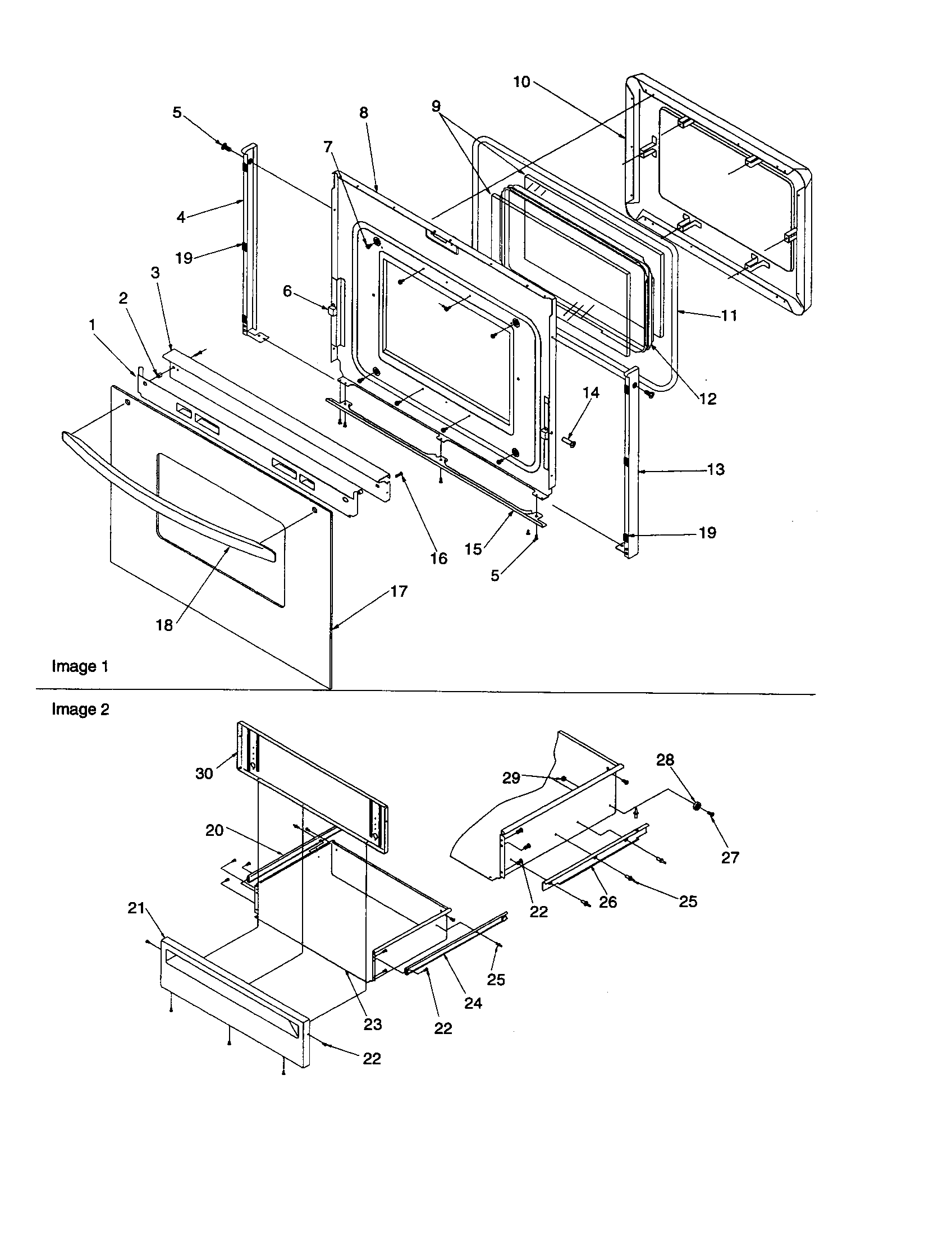 OVEN DOOR AND STORAGE DRAWER