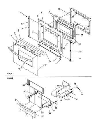 Oven door and storage drawer