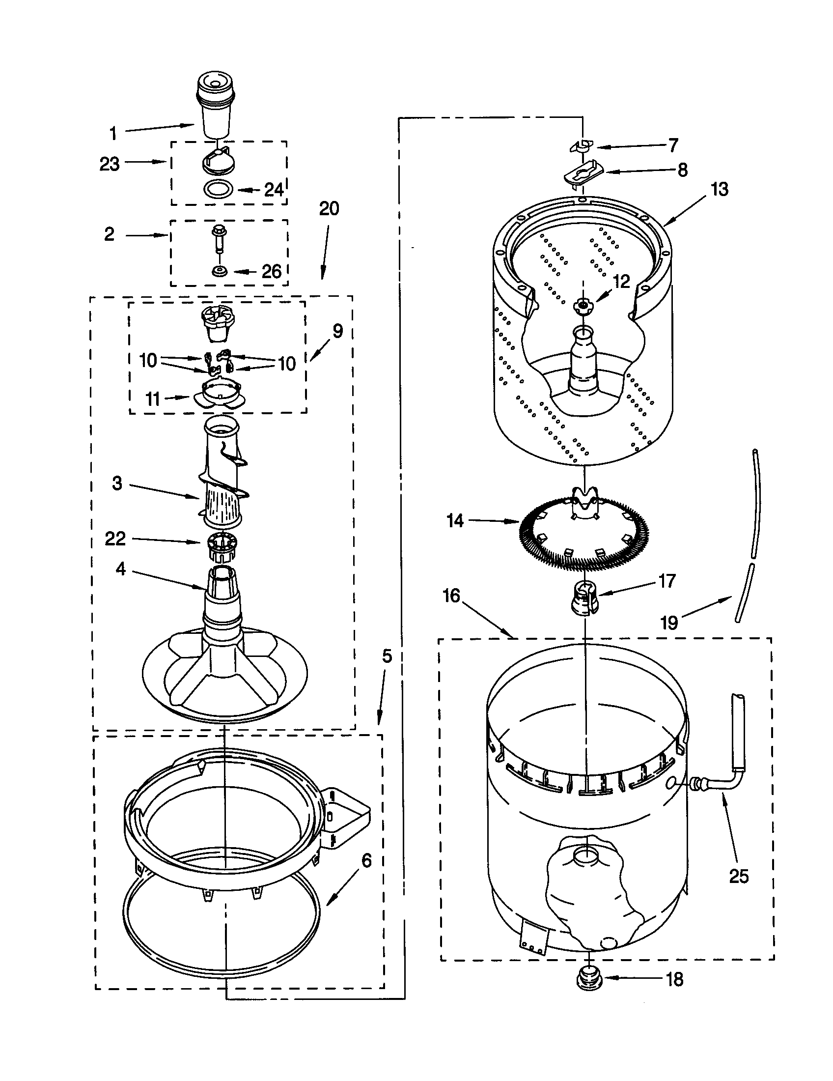 Agitator, basket and tub