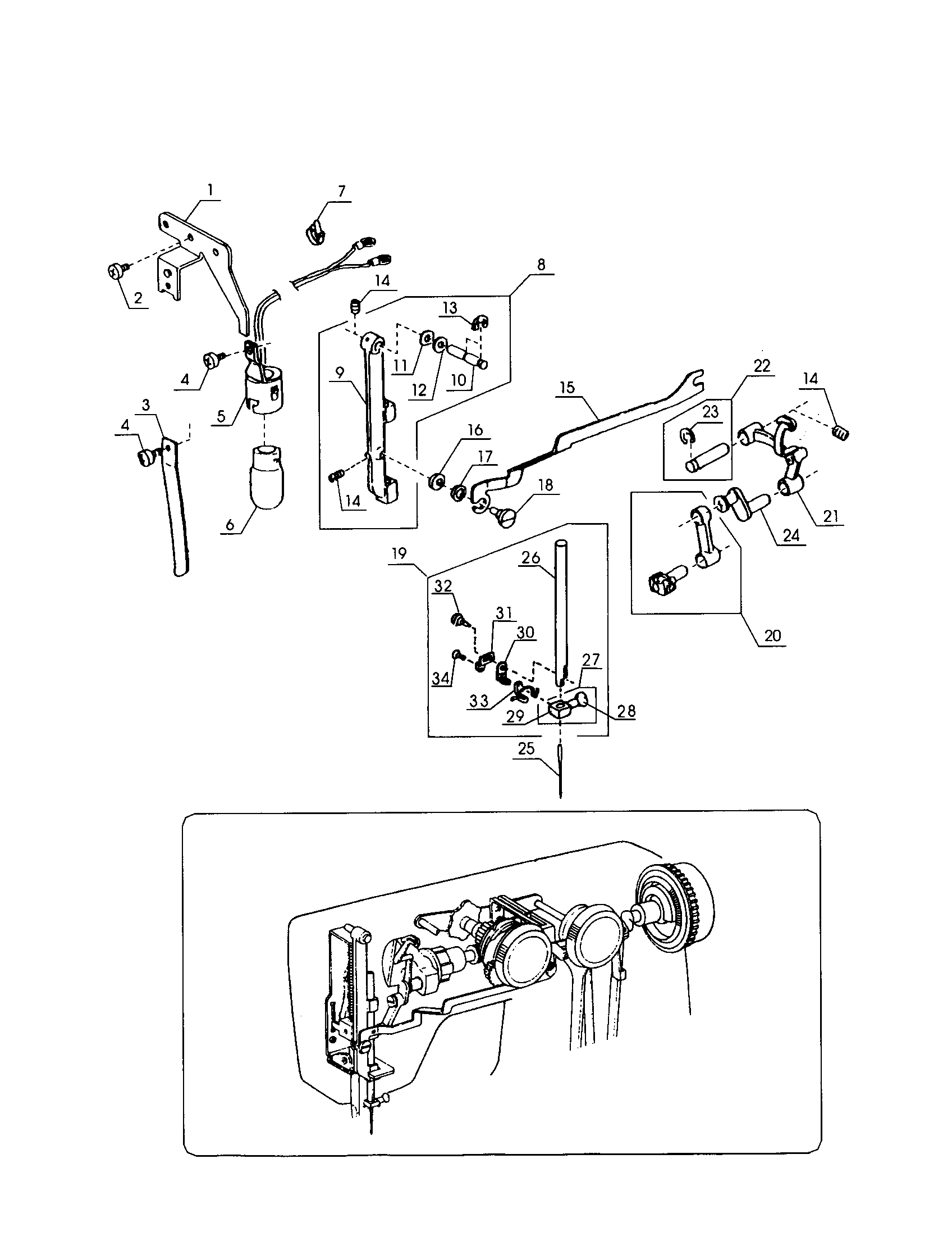 Lamp socket/needle bar support