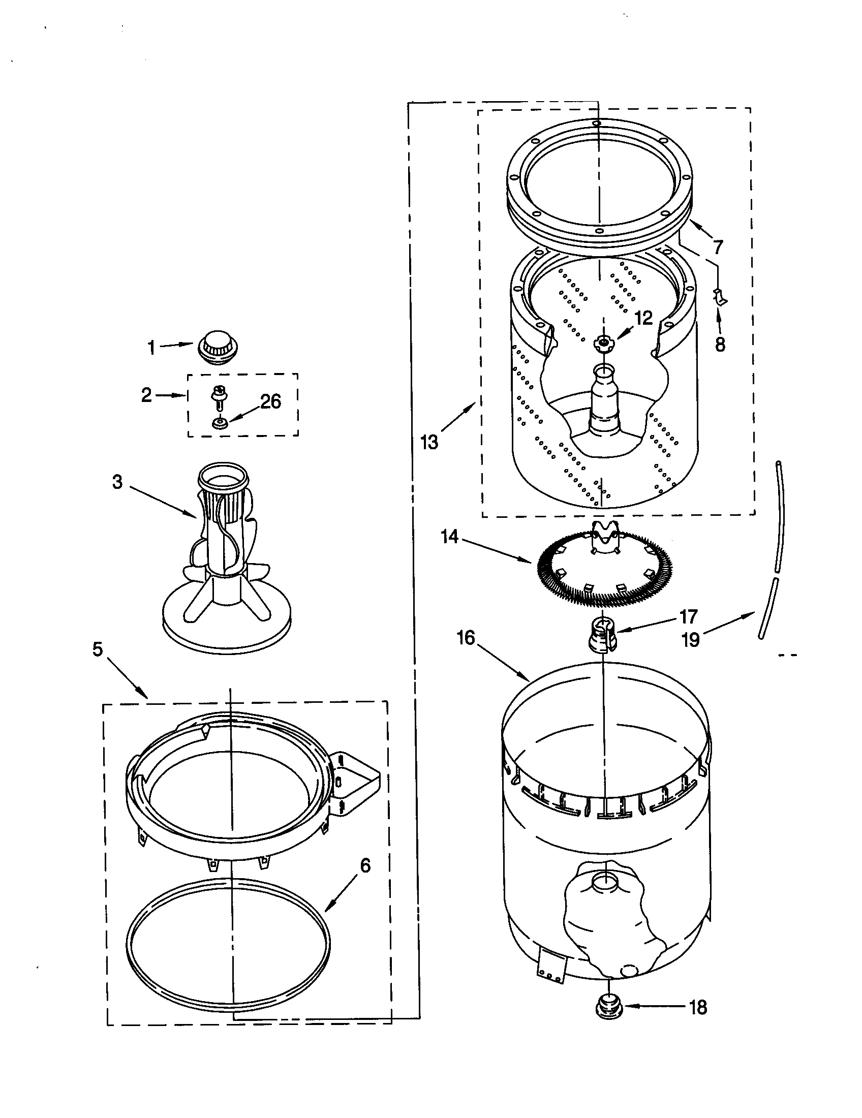 AGITATOR, BASKET AND TUB