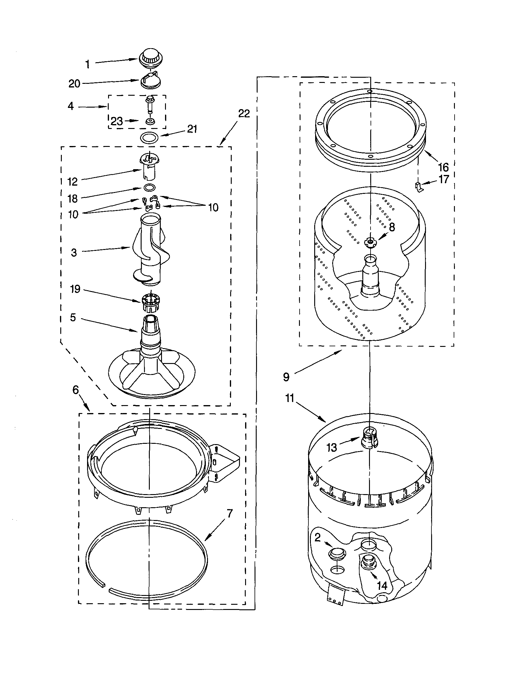 Agitator, basket and tub