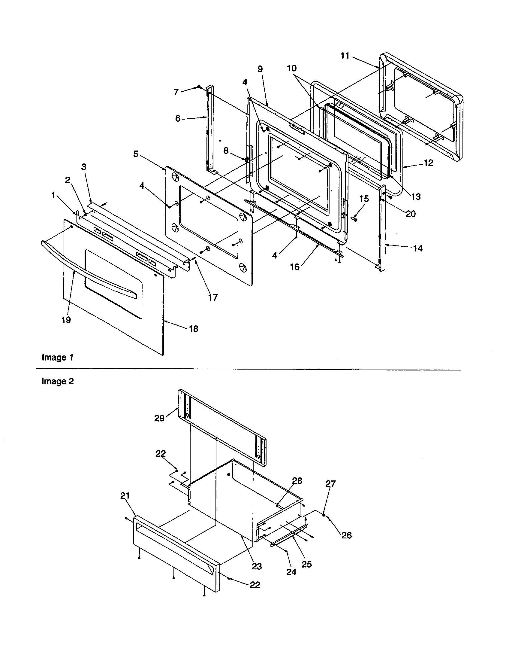 Oven door and storage drawer