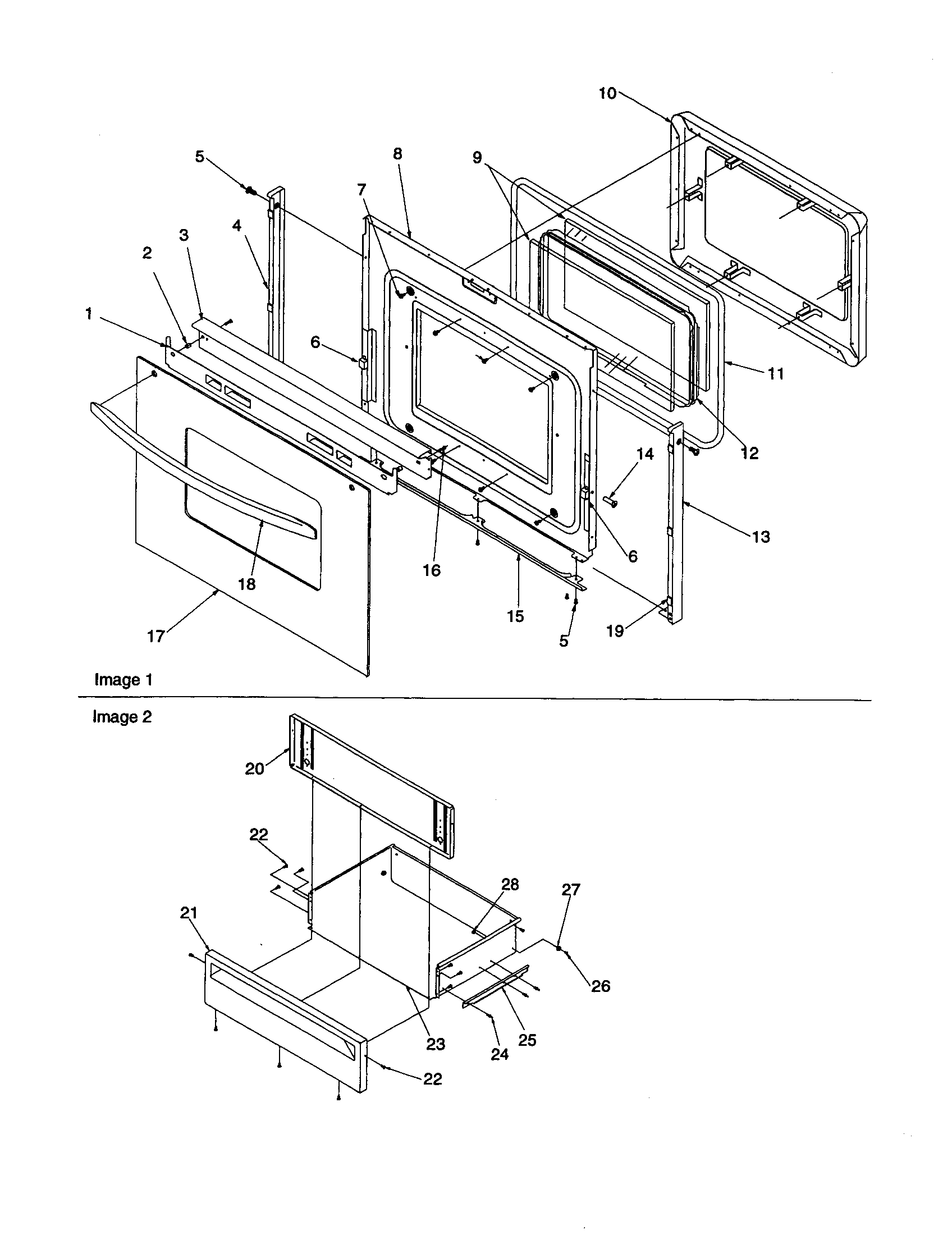 Oven door and storage drawer