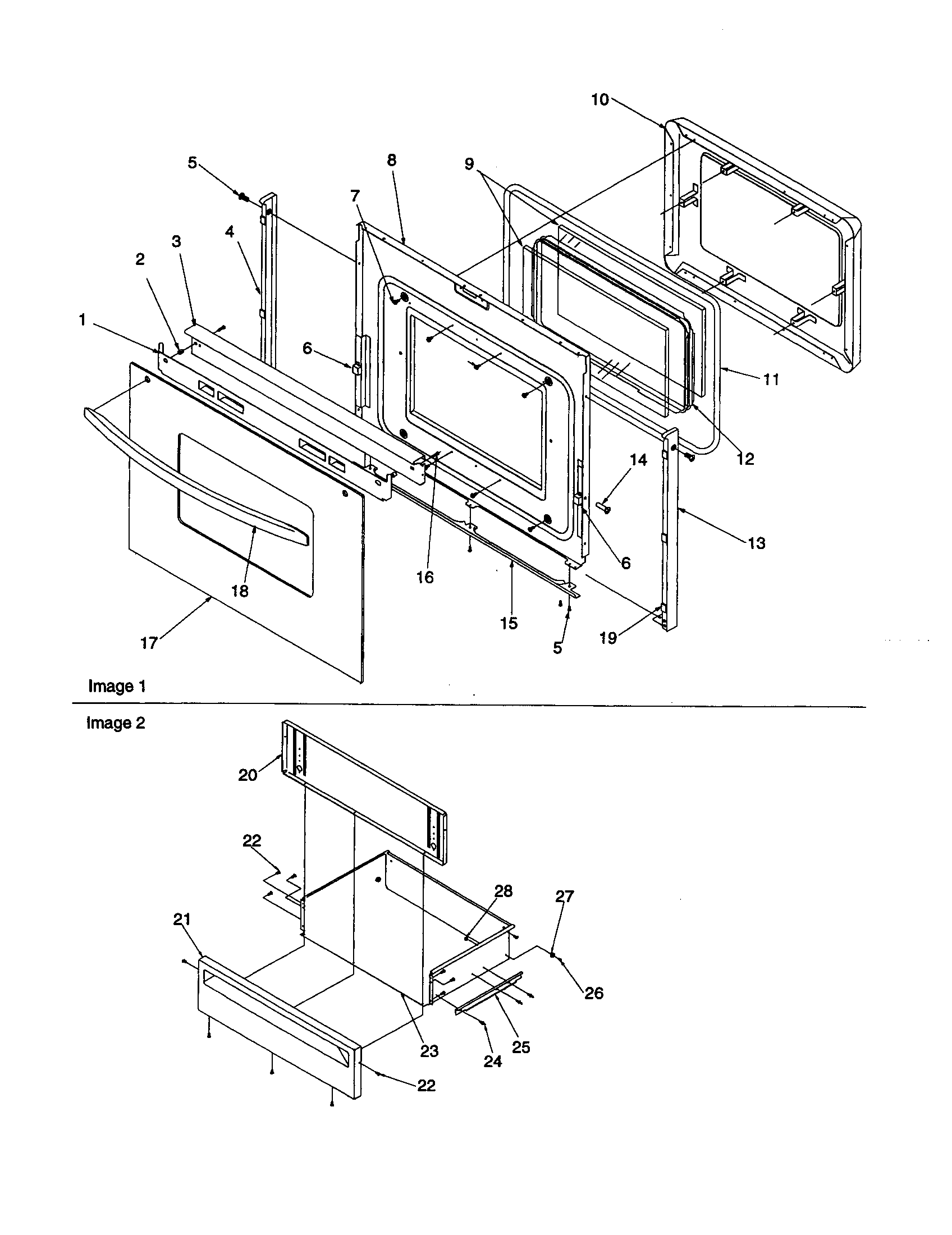 OVEN DOOR AND STORAGE DRAWER