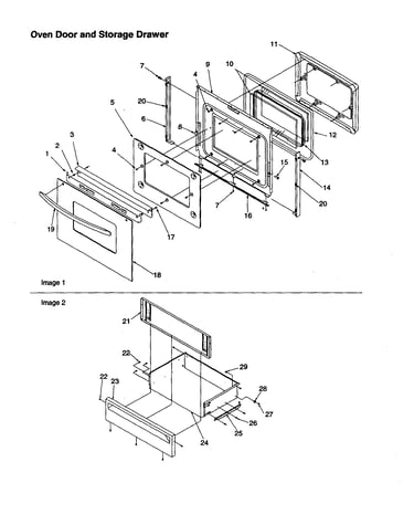 Oven door and storage drawer
