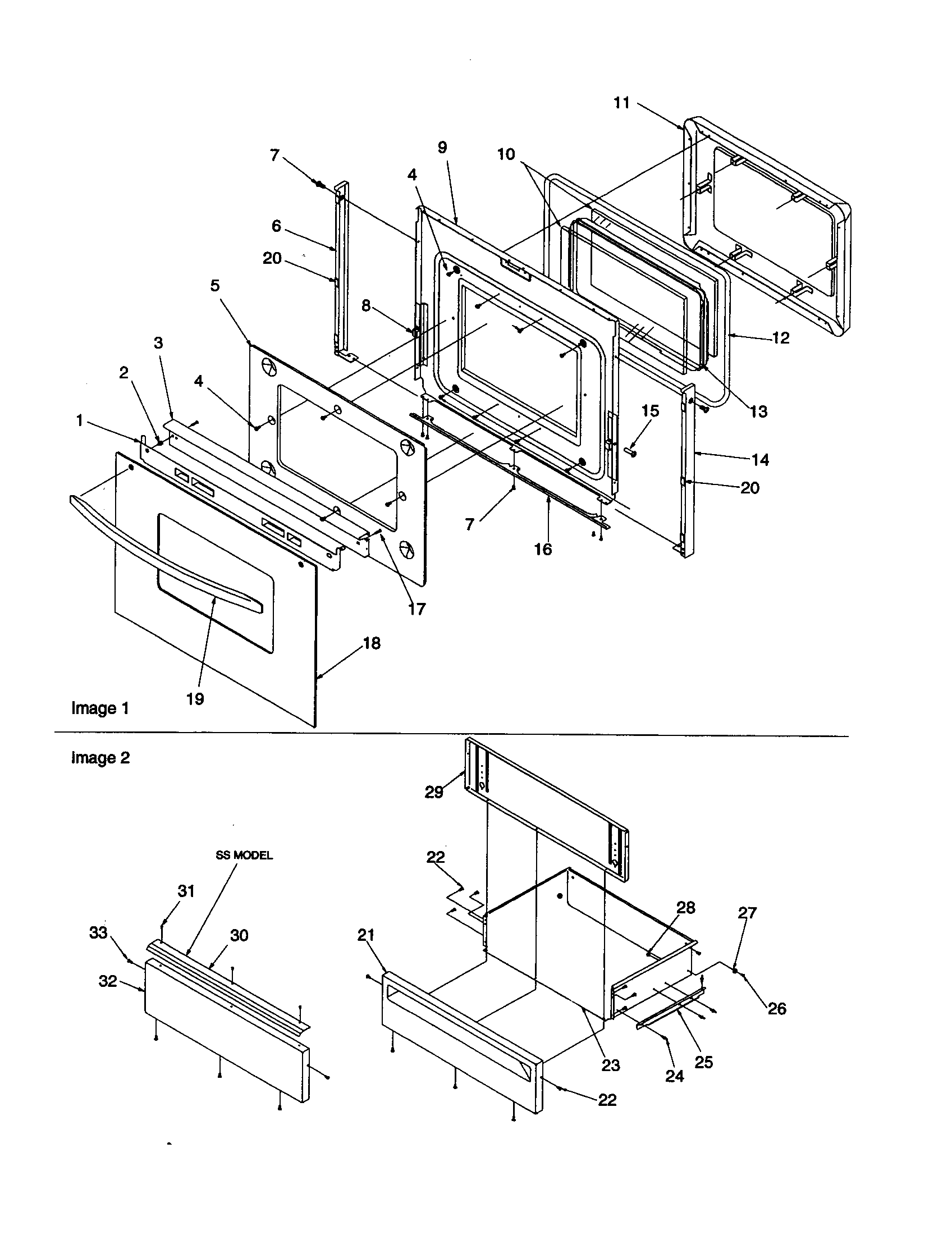 OVEN DOOR AND STORAGE DRAWER