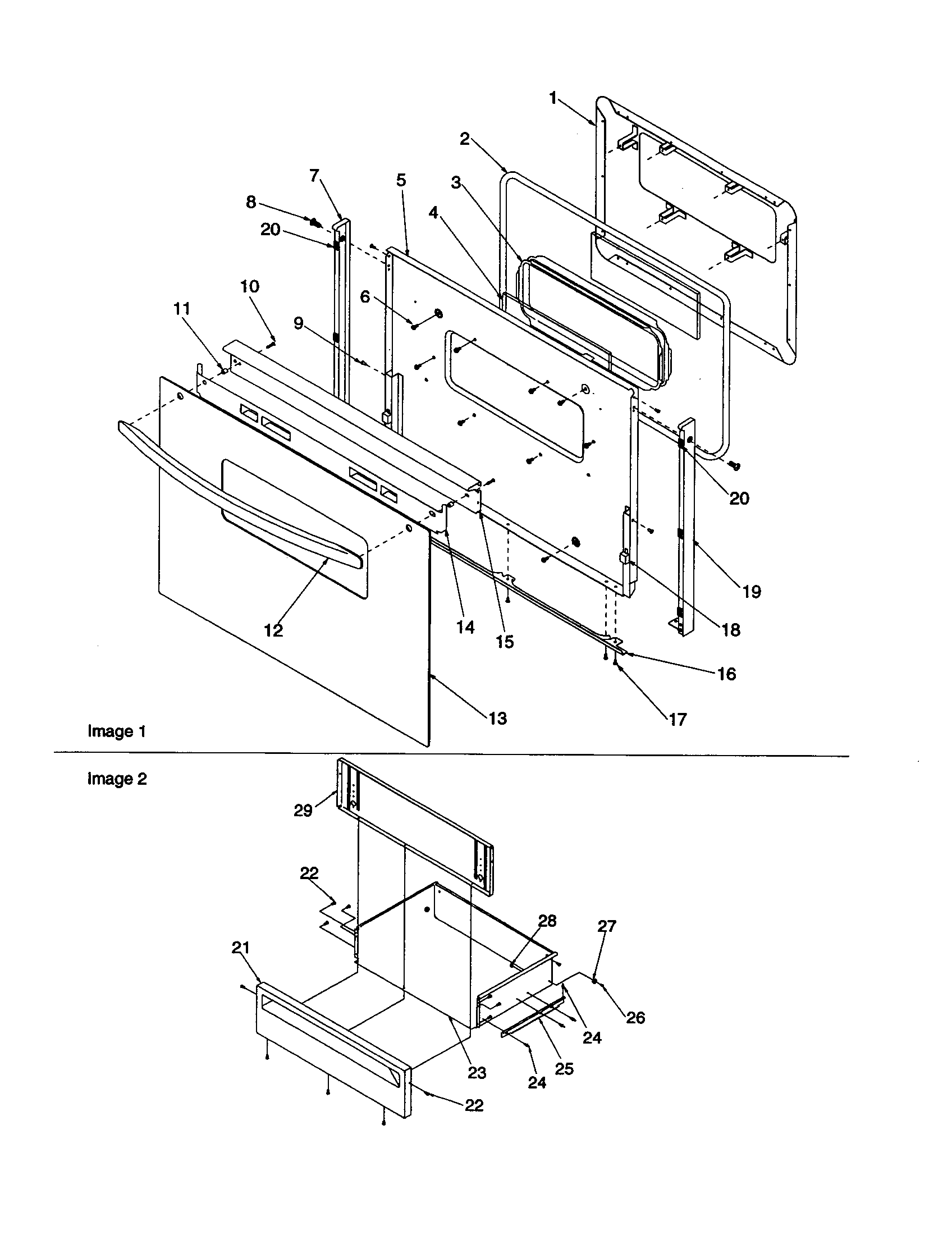 Oven door and storage drawer