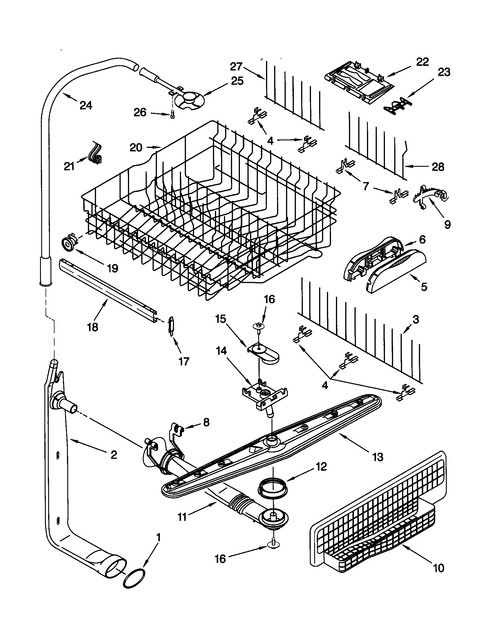Upper dishrack and water feed