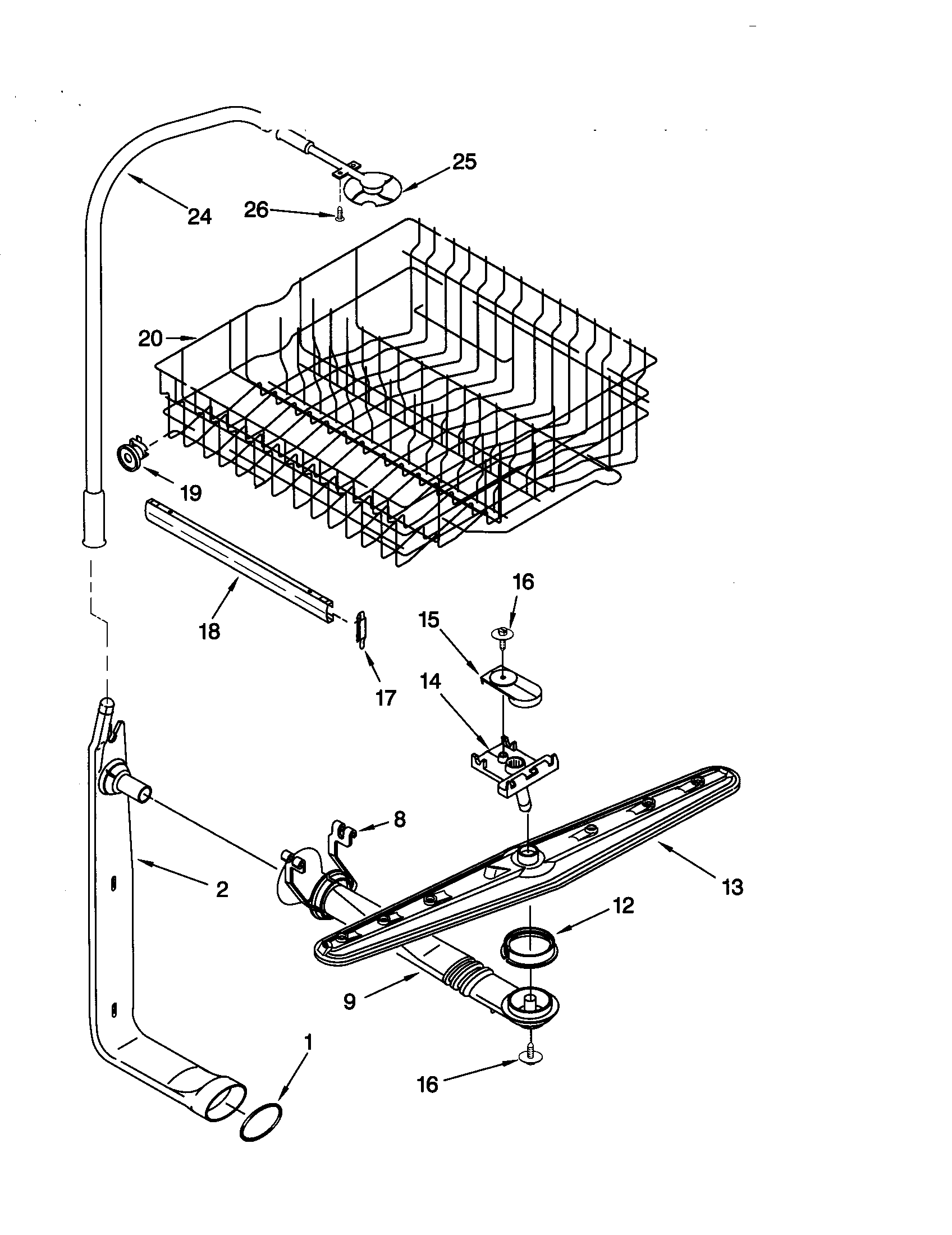 Upper dishrack and water feed
